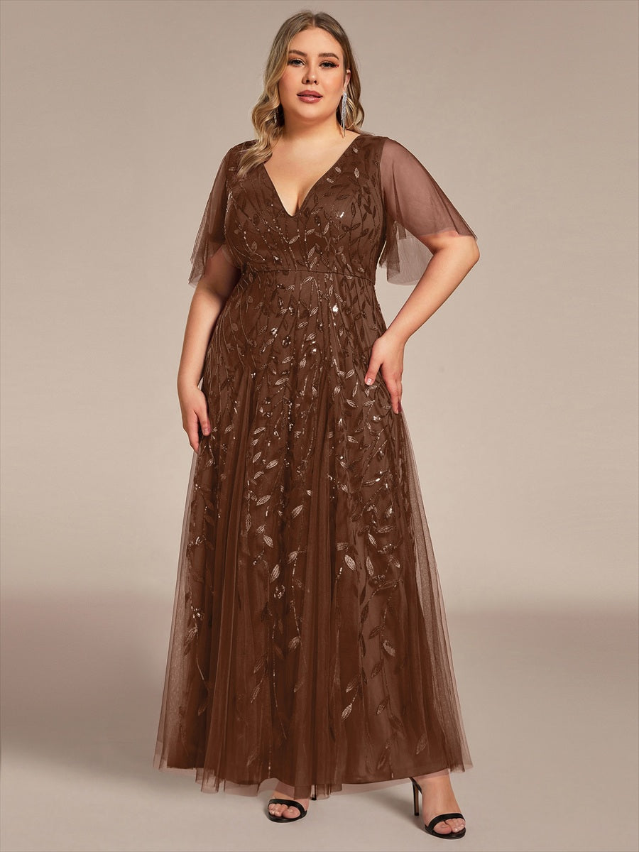 Color=Brown | One Stop Shop Short Sleeve Ruffle Sequin Deep V-Neck A-Line Floor Length Evening Dresses-Brown 4