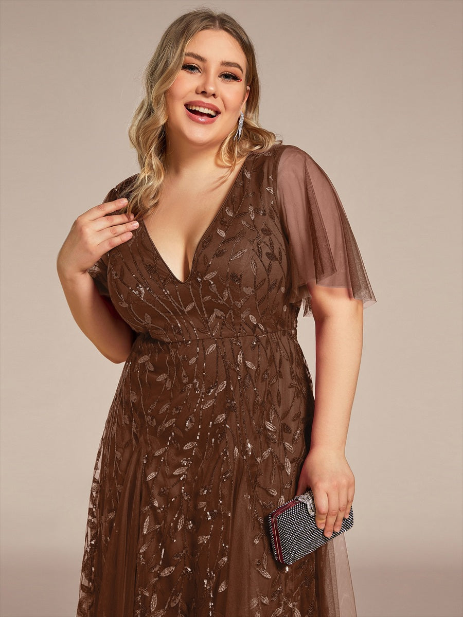 Color=Brown | One Stop Shop Short Sleeve Ruffle Sequin Deep V-Neck A-Line Floor Length Evening Dresses-Brown 5
