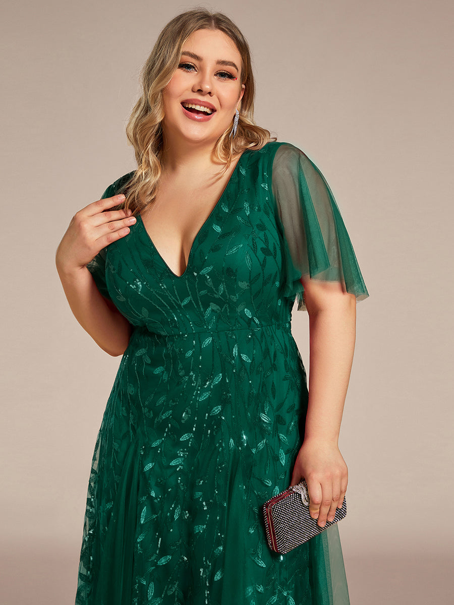 Color=Dark Green | One Stop Shop Short Sleeve Ruffle Sequin Deep V-Neck A-Line Floor Length Evening Dresses-Dark Green 18