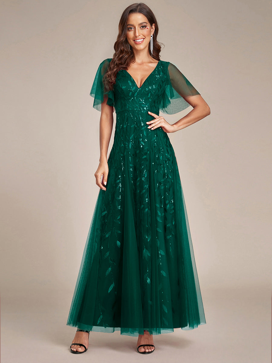 Color=Dark Green | One Stop Shop Short Sleeve Ruffle Sequin Deep V-Neck A-Line Floor Length Evening Dresses-Dark Green 11