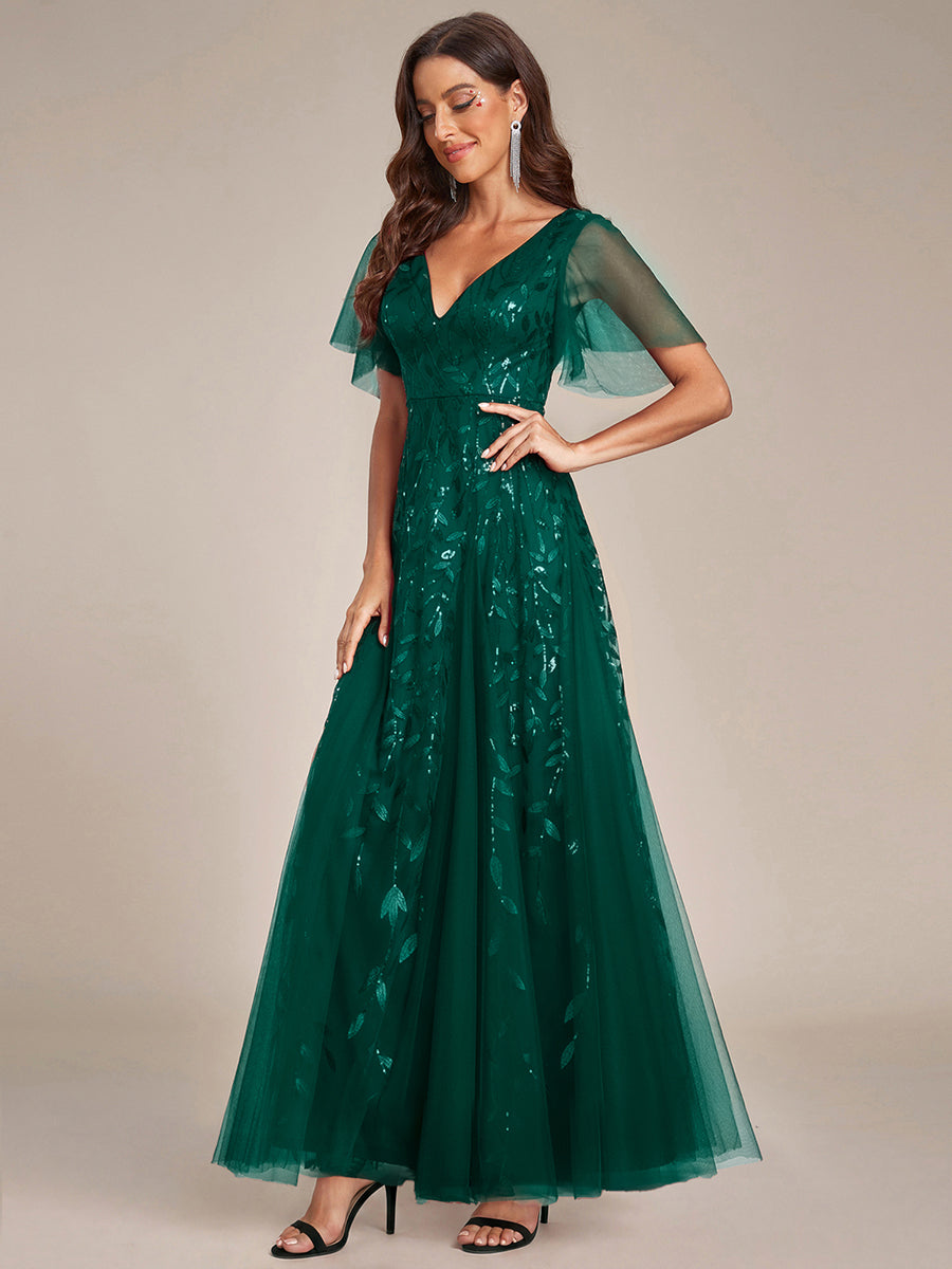 Color=Dark Green | One Stop Shop Short Sleeve Ruffle Sequin Deep V-Neck A-Line Floor Length Evening Dresses-Dark Green 15