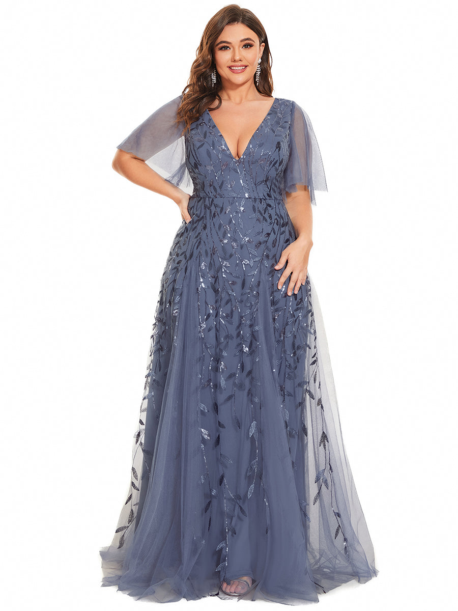 Color=Dusty Blue | One Stop Shop Short Sleeve Ruffle Sequin Deep V-Neck A-Line Floor Length Evening Dresses-Dusty Blue 26