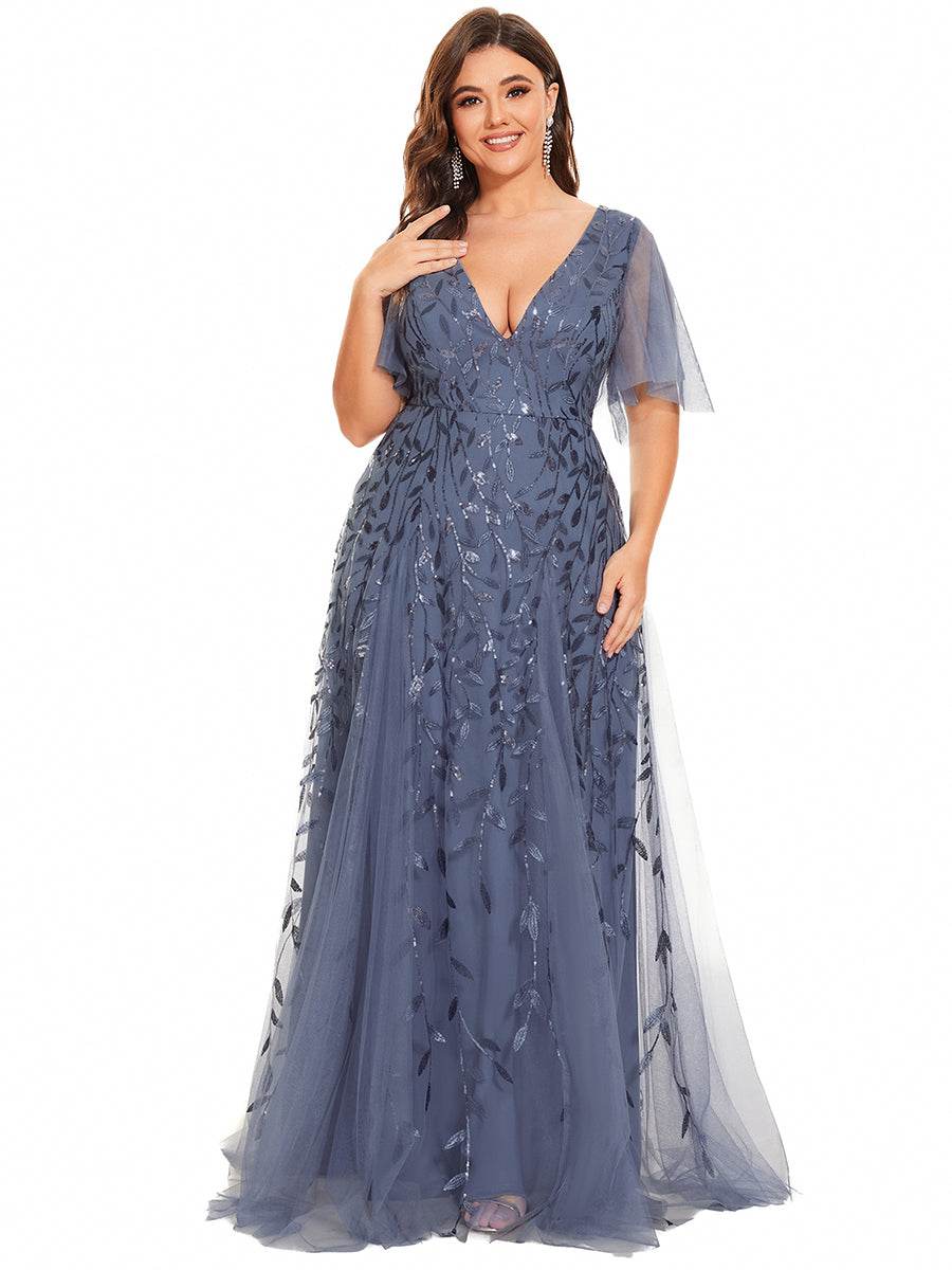 Color=Dusty Blue | One Stop Shop Short Sleeve Ruffle Sequin Deep V-Neck A-Line Floor Length Evening Dresses-Dusty Blue 30