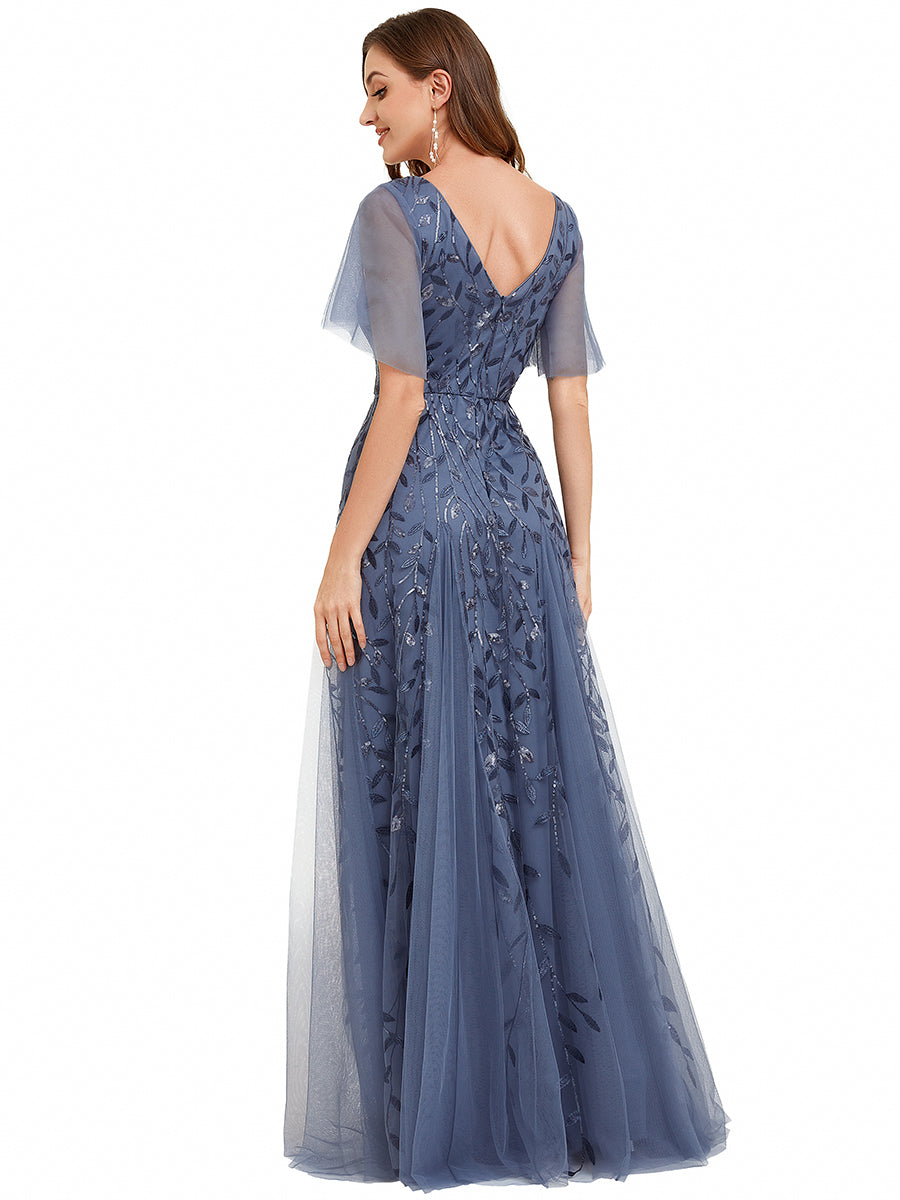 Color=Dusty Blue | One Stop Shop Short Sleeve Ruffle Sequin Deep V-Neck A-Line Floor Length Evening Dresses-Dusty Blue 22