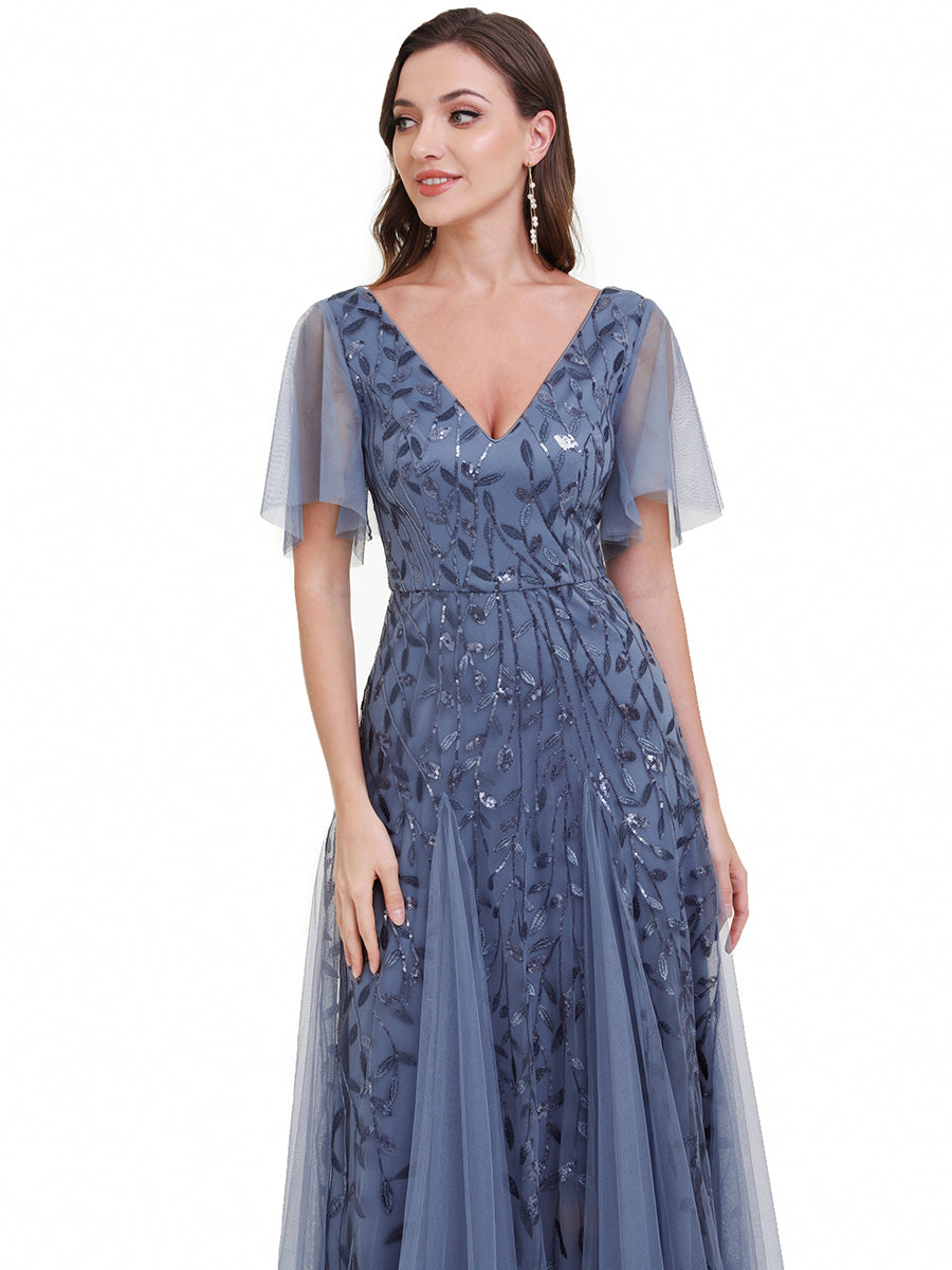 Color=Dusty Blue | One Stop Shop Short Sleeve Ruffle Sequin Deep V-Neck A-Line Floor Length Evening Dresses-Dusty Blue 23