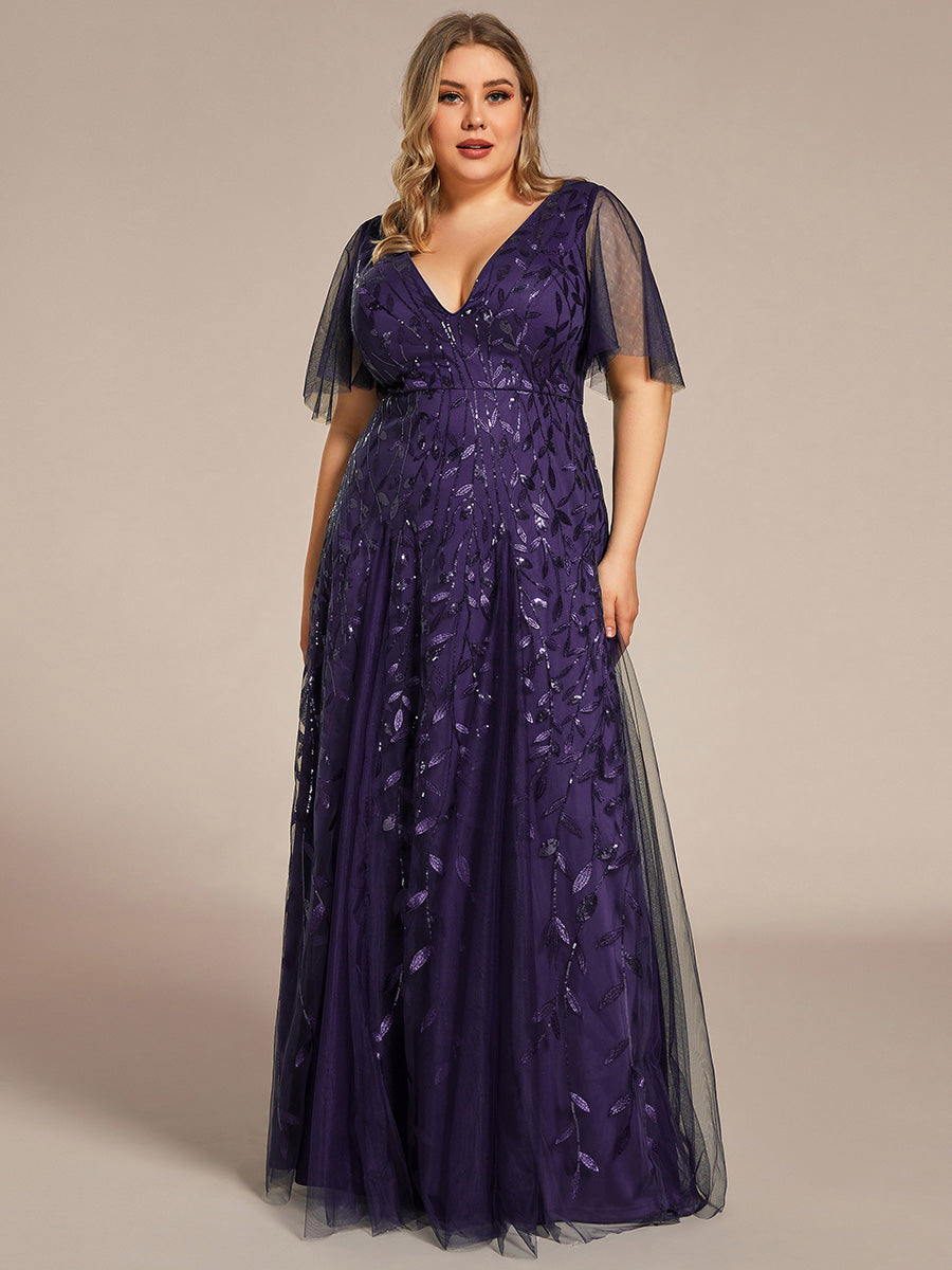 Color=Dark Purple | One Stop Shop Short Sleeve Ruffle Sequin Deep V-Neck A-Line Floor Length Evening Dresses-Dark Purple 36