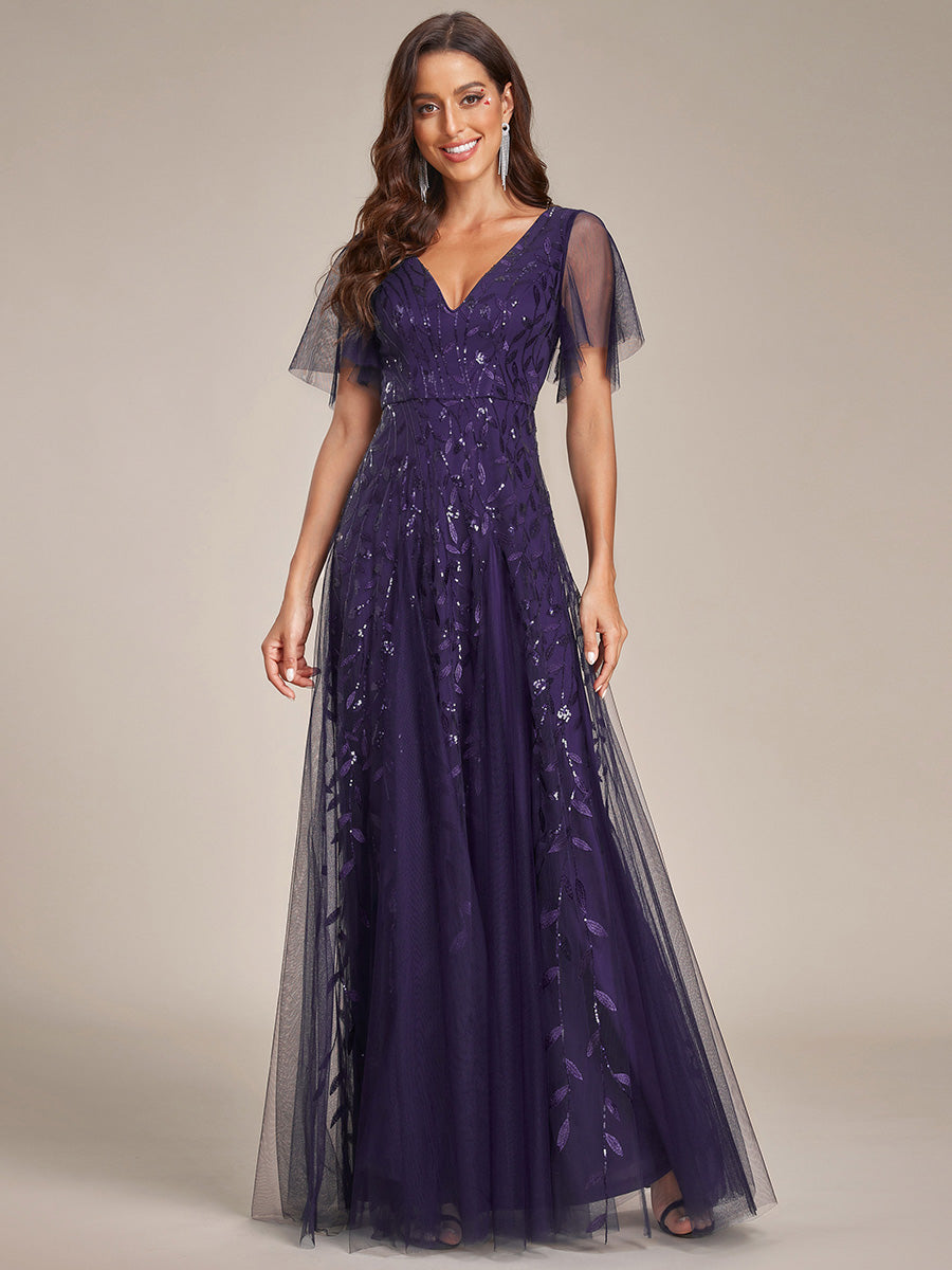 Color=Dark Purple | One Stop Shop Short Sleeve Ruffle Sequin Deep V-Neck A-Line Floor Length Evening Dresses-Dark Purple 34