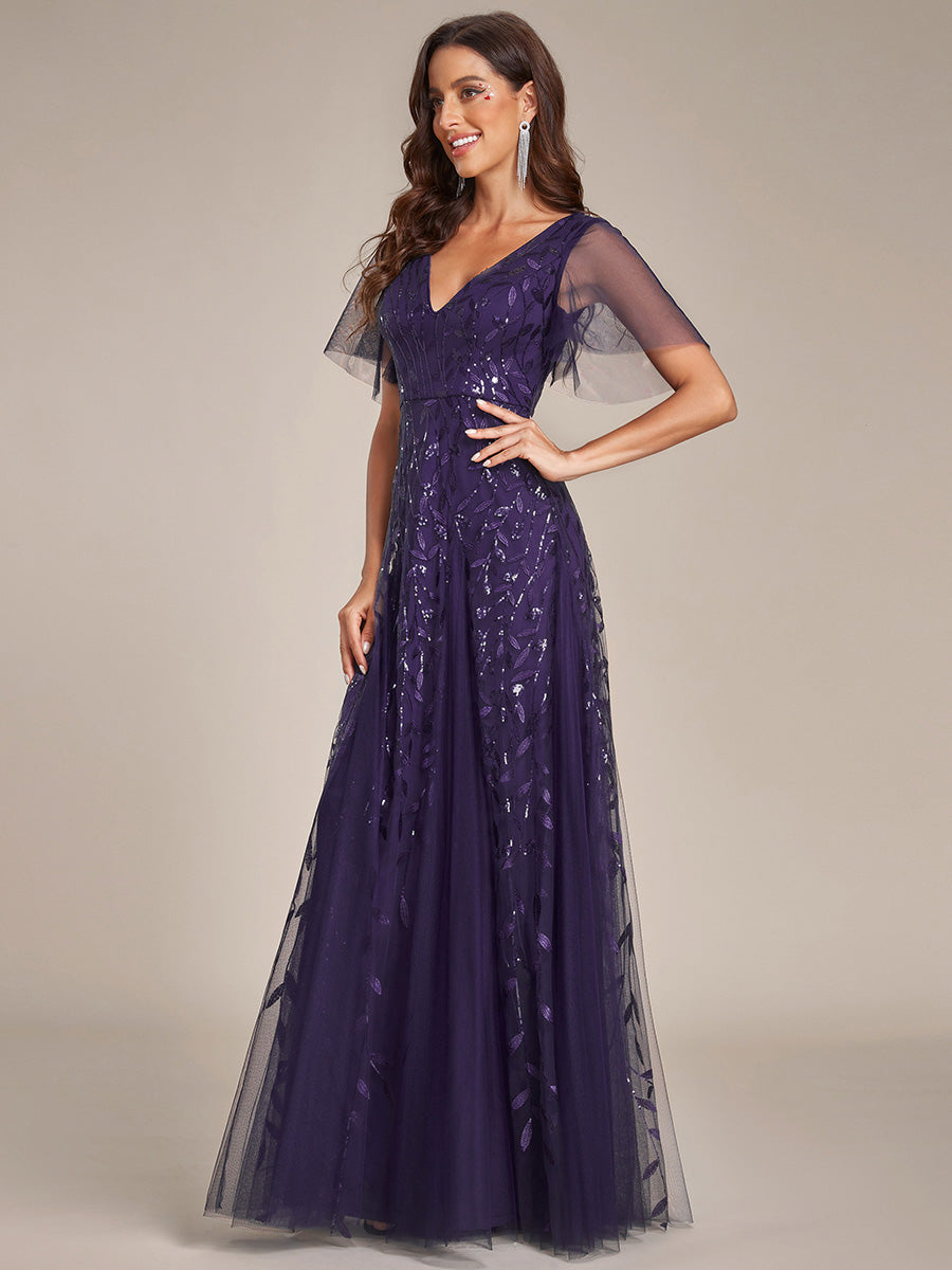 Color=Dark Purple | One Stop Shop Short Sleeve Ruffle Sequin Deep V-Neck A-Line Floor Length Evening Dresses-Dark Purple 35