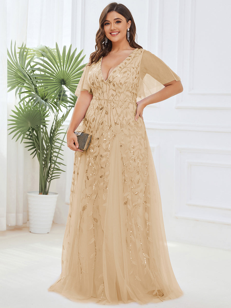 Color=Gold | One Stop Shop Short Sleeve Ruffle Sequin Deep V-Neck A-Line Floor Length Evening Dresses-Gold 59