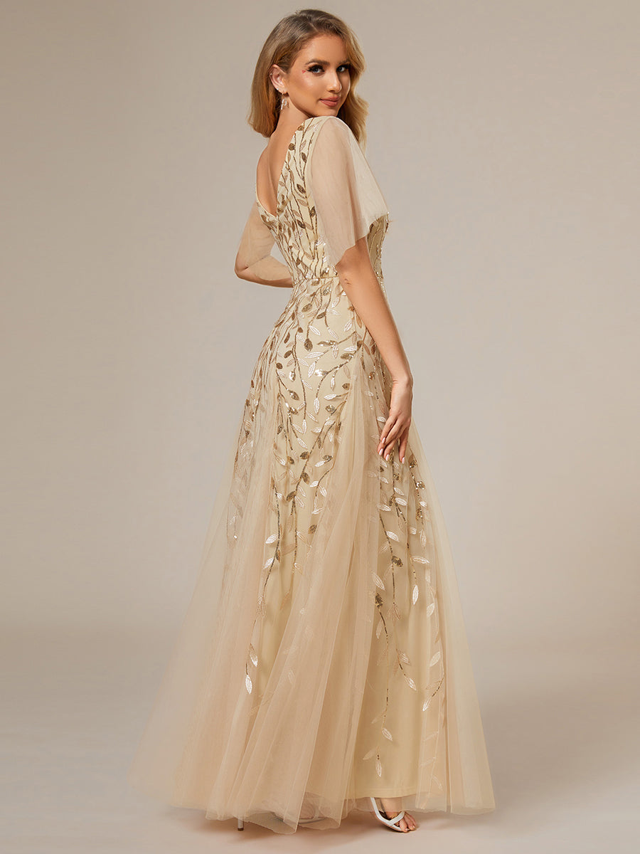 Color=Gold | One Stop Shop Short Sleeve Ruffle Sequin Deep V-Neck A-Line Floor Length Evening Dresses-Gold 52