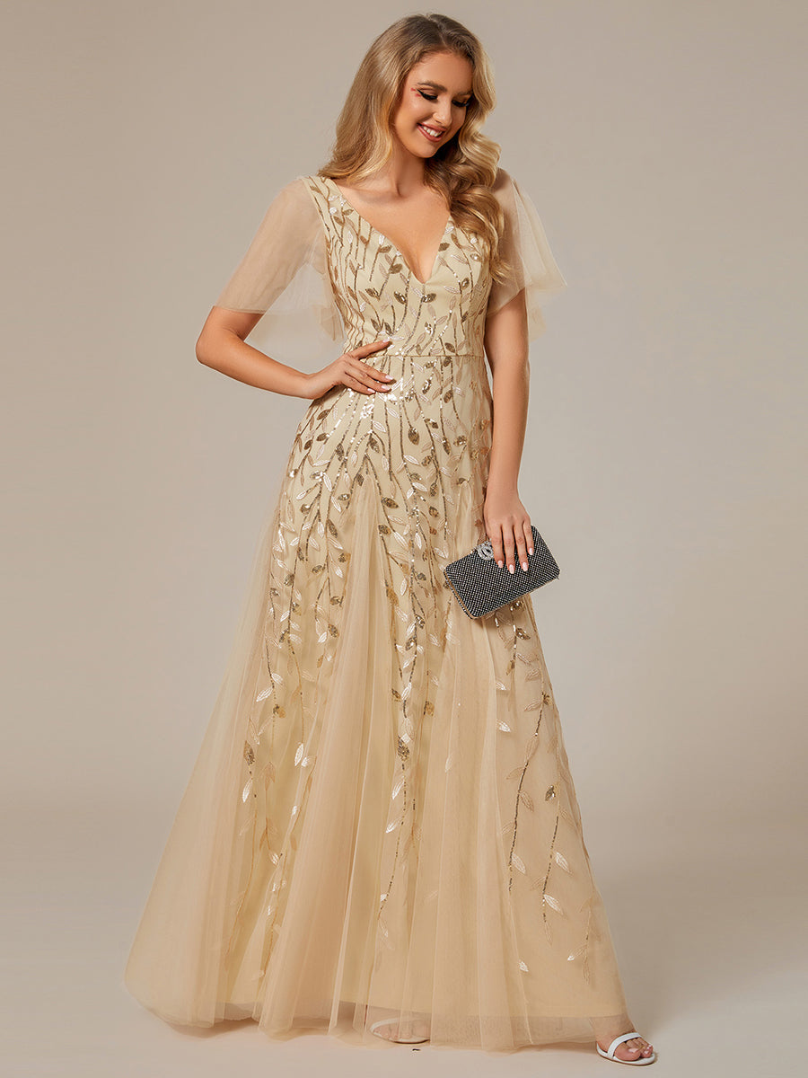 Color=Gold | One Stop Shop Short Sleeve Ruffle Sequin Deep V-Neck A-Line Floor Length Evening Dresses-Gold 55
