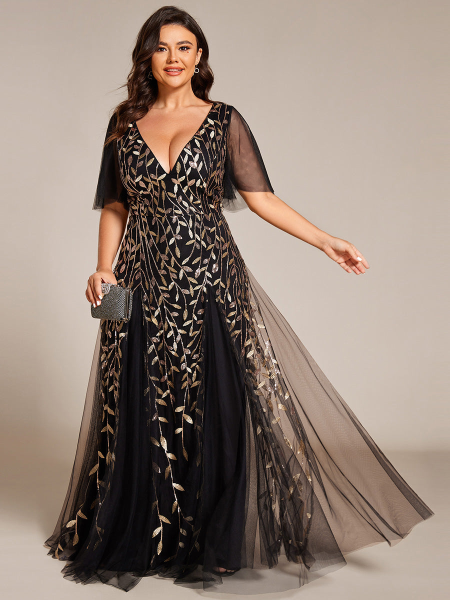 Color=Black Gold | One Stop Shop Short Sleeve Ruffle Sequin Deep V-Neck A-Line Floor Length Evening Dresses-Black Gold 66