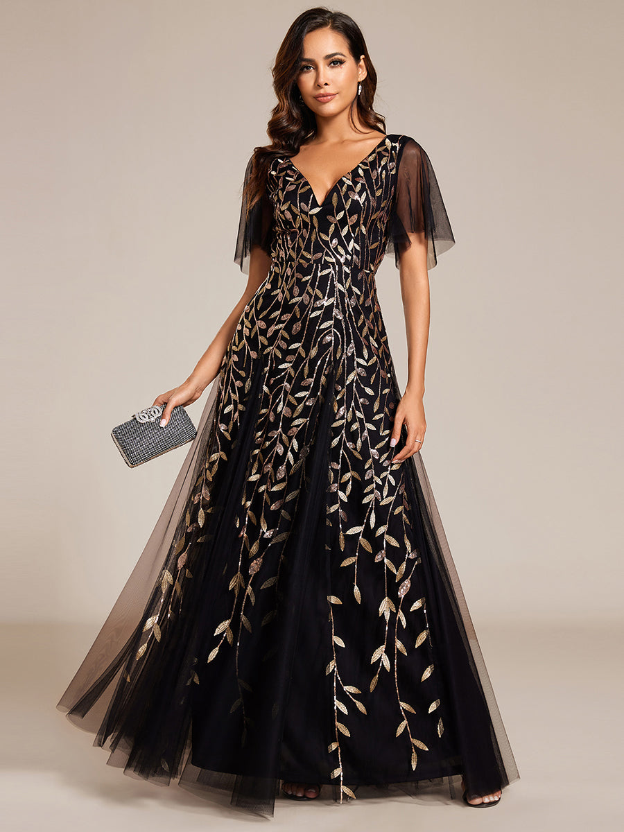Color=Black Gold | One Stop Shop Short Sleeve Ruffle Sequin Deep V-Neck A-Line Floor Length Evening Dresses-Black Gold 61