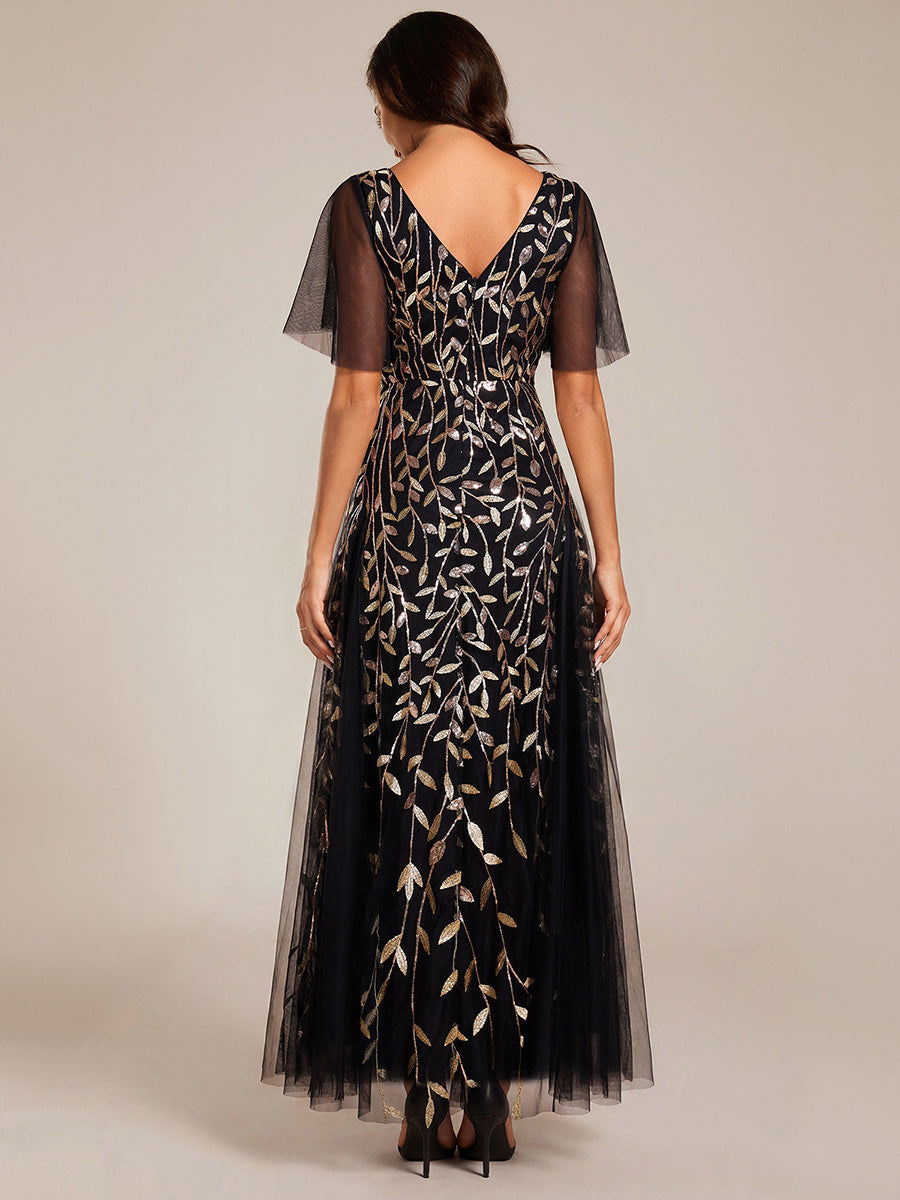 Color=Black Gold | One Stop Shop Short Sleeve Ruffle Sequin Deep V-Neck A-Line Floor Length Evening Dresses-Black Gold 8