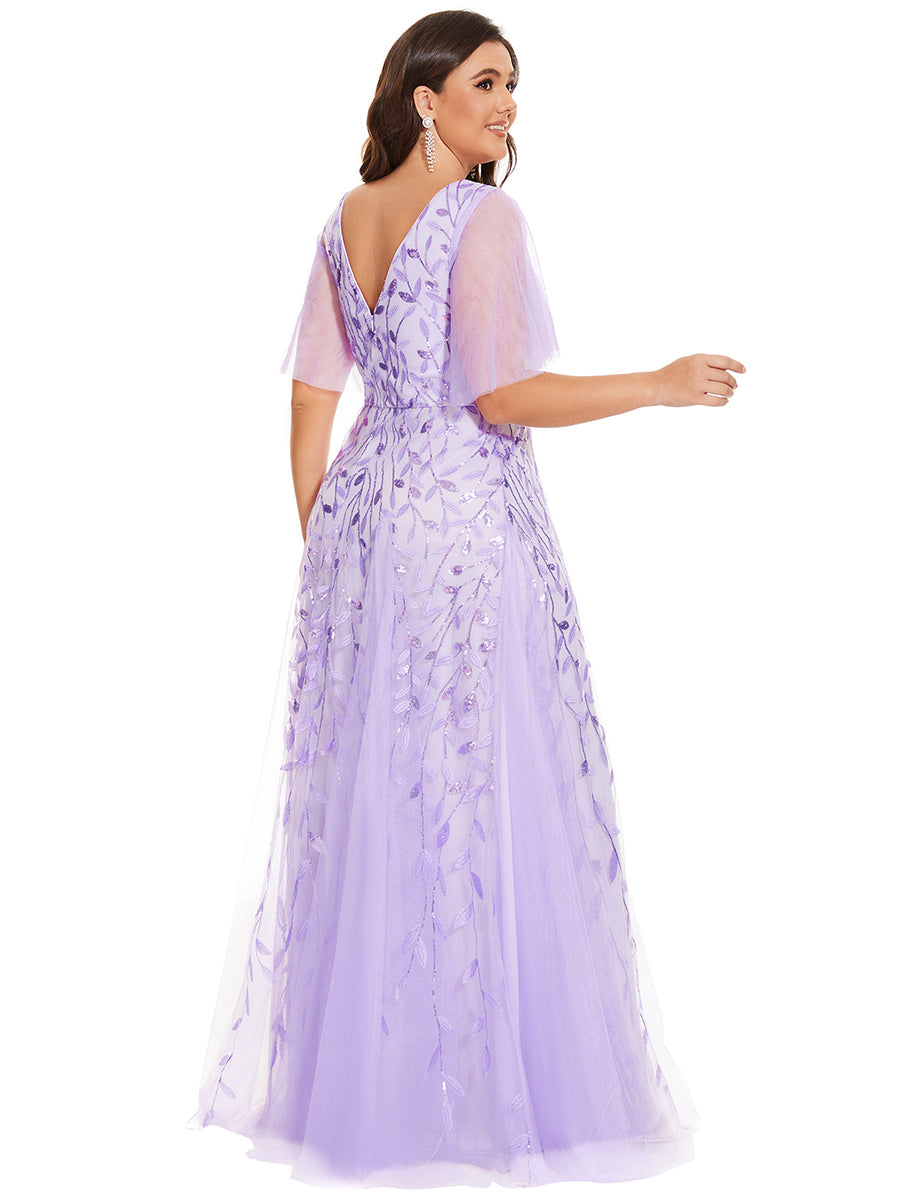 Color=Lavender | One Stop Shop Short Sleeve Ruffle Sequin Deep V-Neck A-Line Floor Length Evening Dresses-Lavender 77