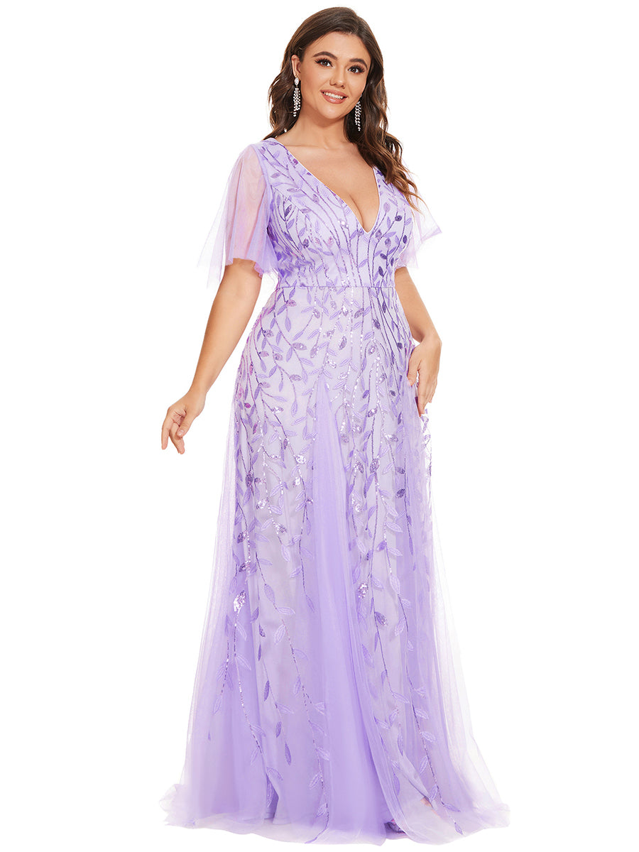 Color=Lavender | One Stop Shop Short Sleeve Ruffle Sequin Deep V-Neck A-Line Floor Length Evening Dresses-Lavender 79