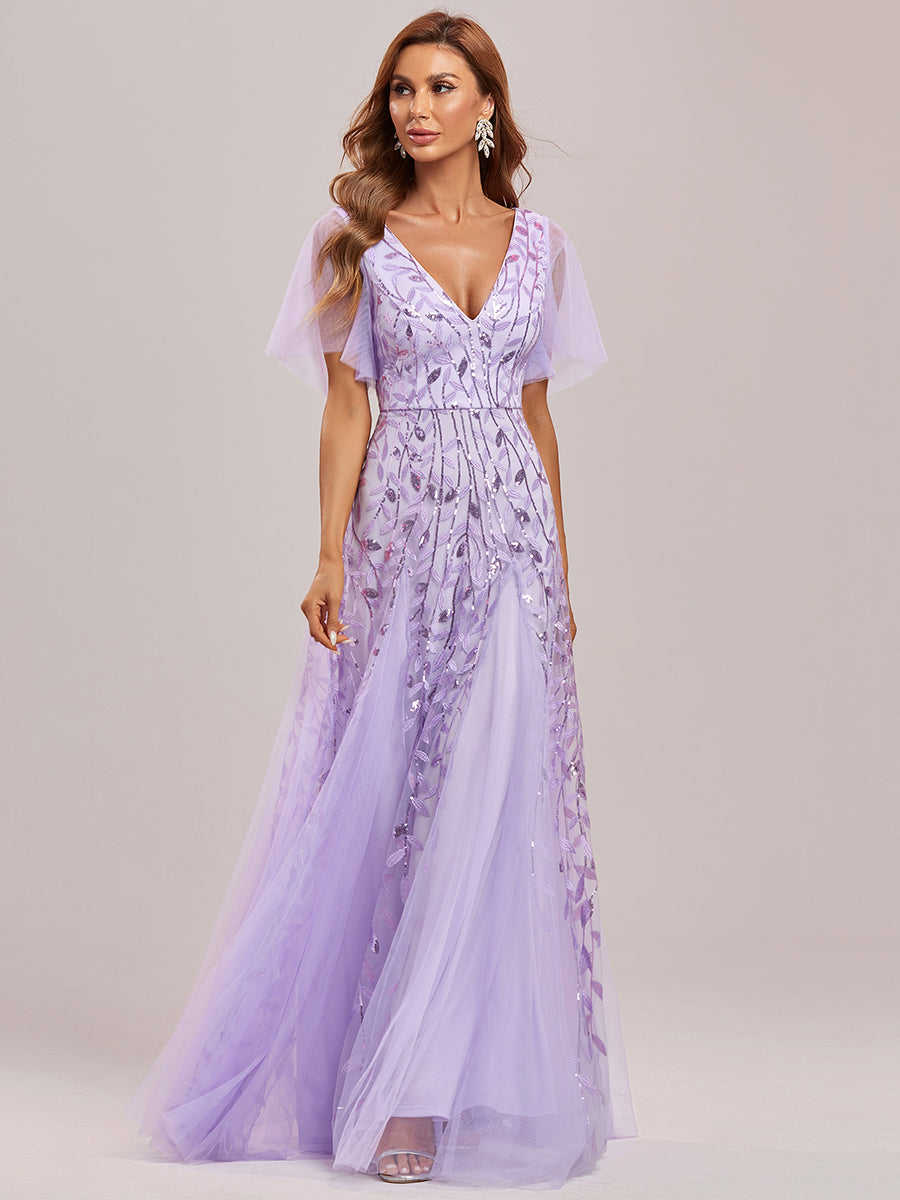 Color=Lavender | One Stop Shop Short Sleeve Ruffle Sequin Deep V-Neck A-Line Floor Length Evening Dresses-Lavender 71