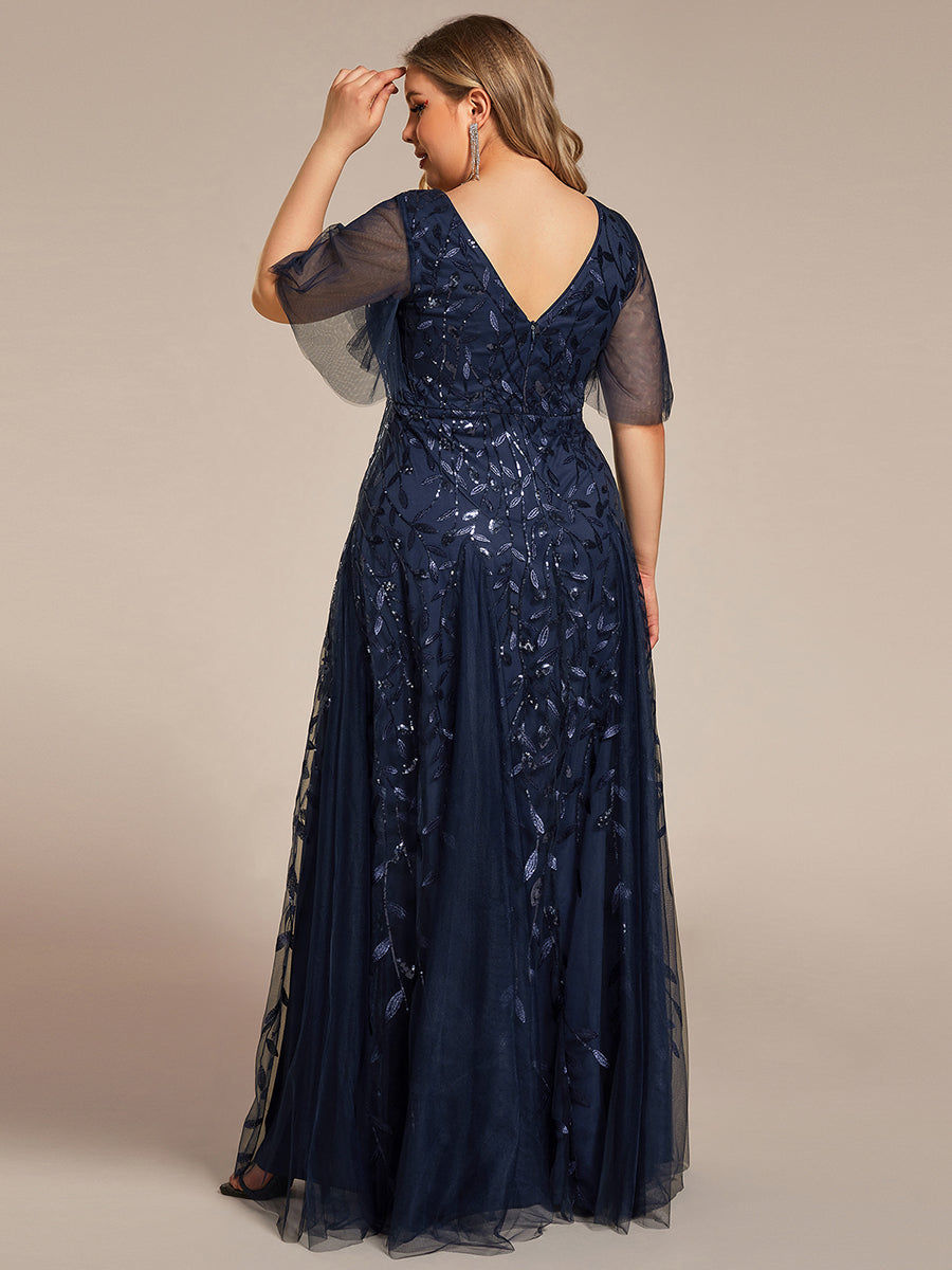 Color=Navy Blue | One Stop Shop Short Sleeve Ruffle Sequin Deep V-Neck A-Line Floor Length Evening Dresses-Navy Blue 87