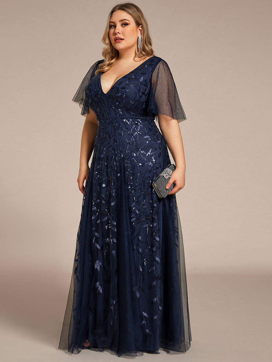 Color=Navy Blue | One Stop Shop Short Sleeve Ruffle Sequin Deep V-Neck A-Line Floor Length Evening Dresses-Navy Blue 89