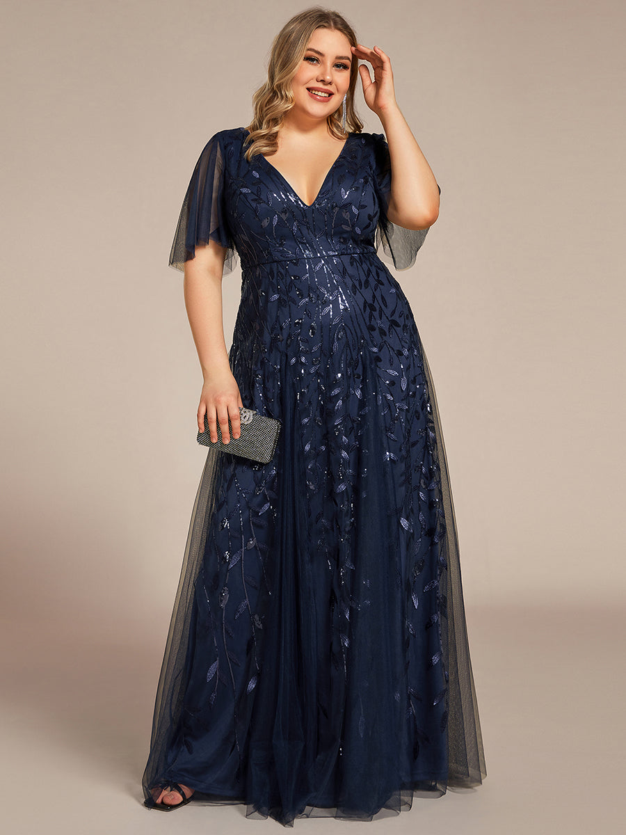 Color=Navy Blue | One Stop Shop Short Sleeve Ruffle Sequin Deep V-Neck A-Line Floor Length Evening Dresses-Navy Blue 90