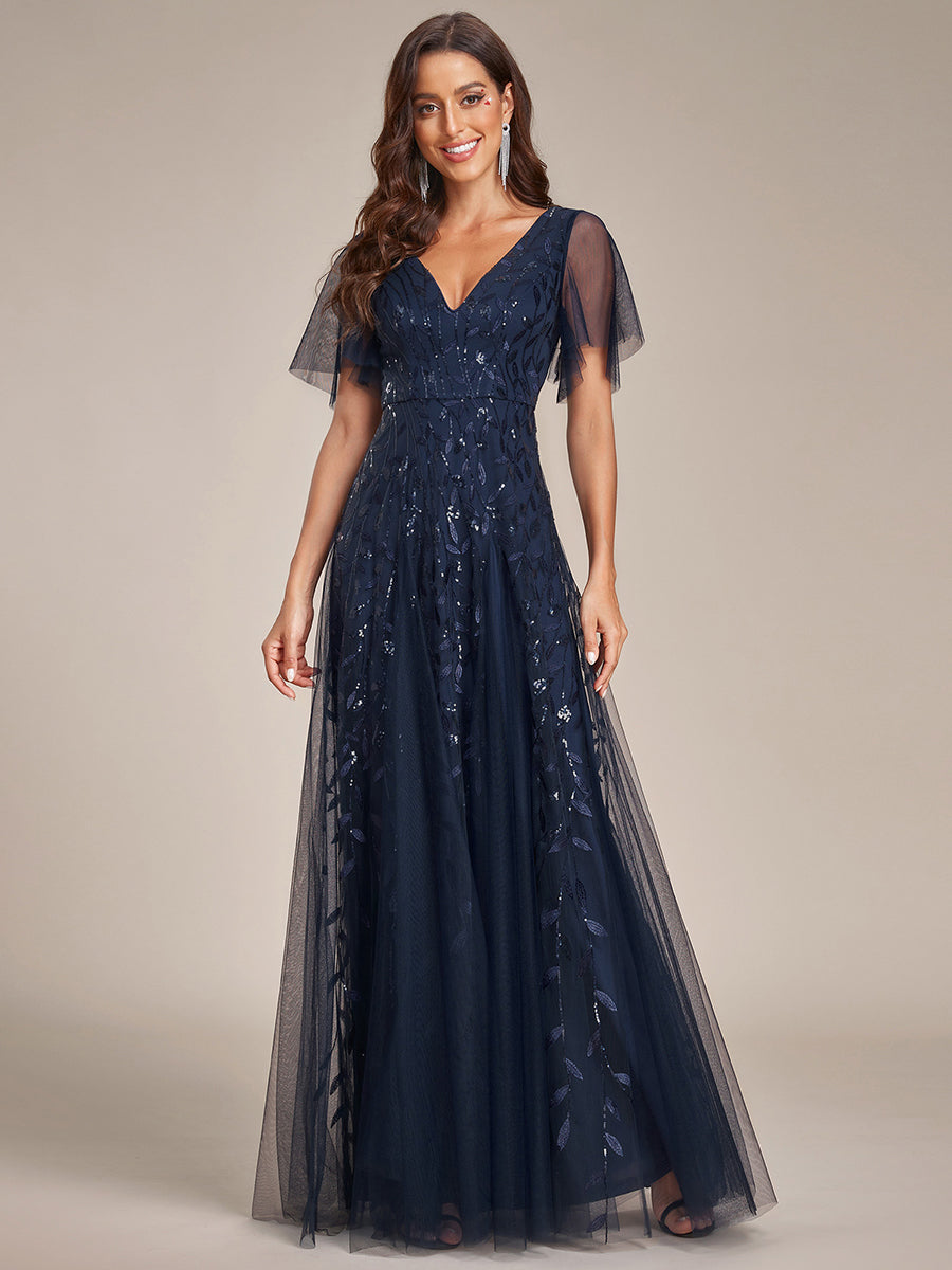 Color=Navy Blue | One Stop Shop Short Sleeve Ruffle Sequin Deep V-Neck A-Line Floor Length Evening Dresses-Navy Blue 84
