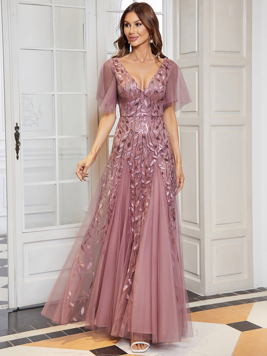 Color=Purple Orchid | One Stop Shop Short Sleeve Ruffle Sequin Deep V-Neck A-Line Floor Length Evening Dresses-Purple Orchid 91