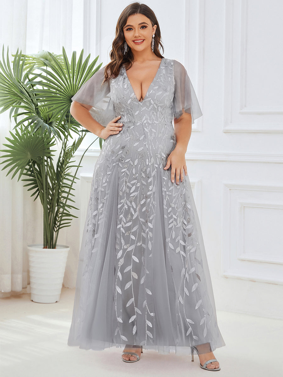 Color=Silver | One Stop Shop Short Sleeve Ruffle Sequin Deep V-Neck A-Line Floor Length Evening Dresses-Silver 106
