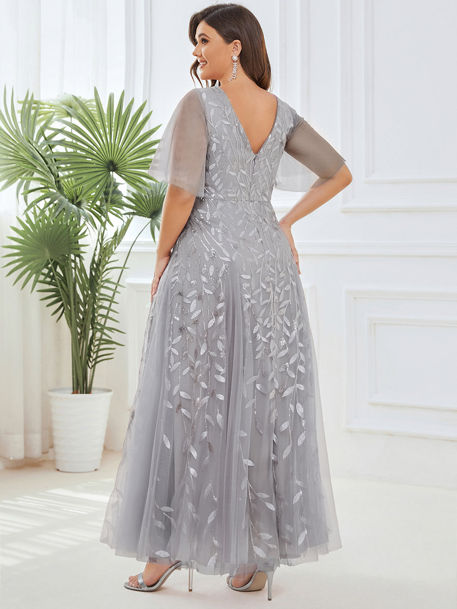Color=Silver | One Stop Shop Short Sleeve Ruffle Sequin Deep V-Neck A-Line Floor Length Evening Dresses-Silver 107