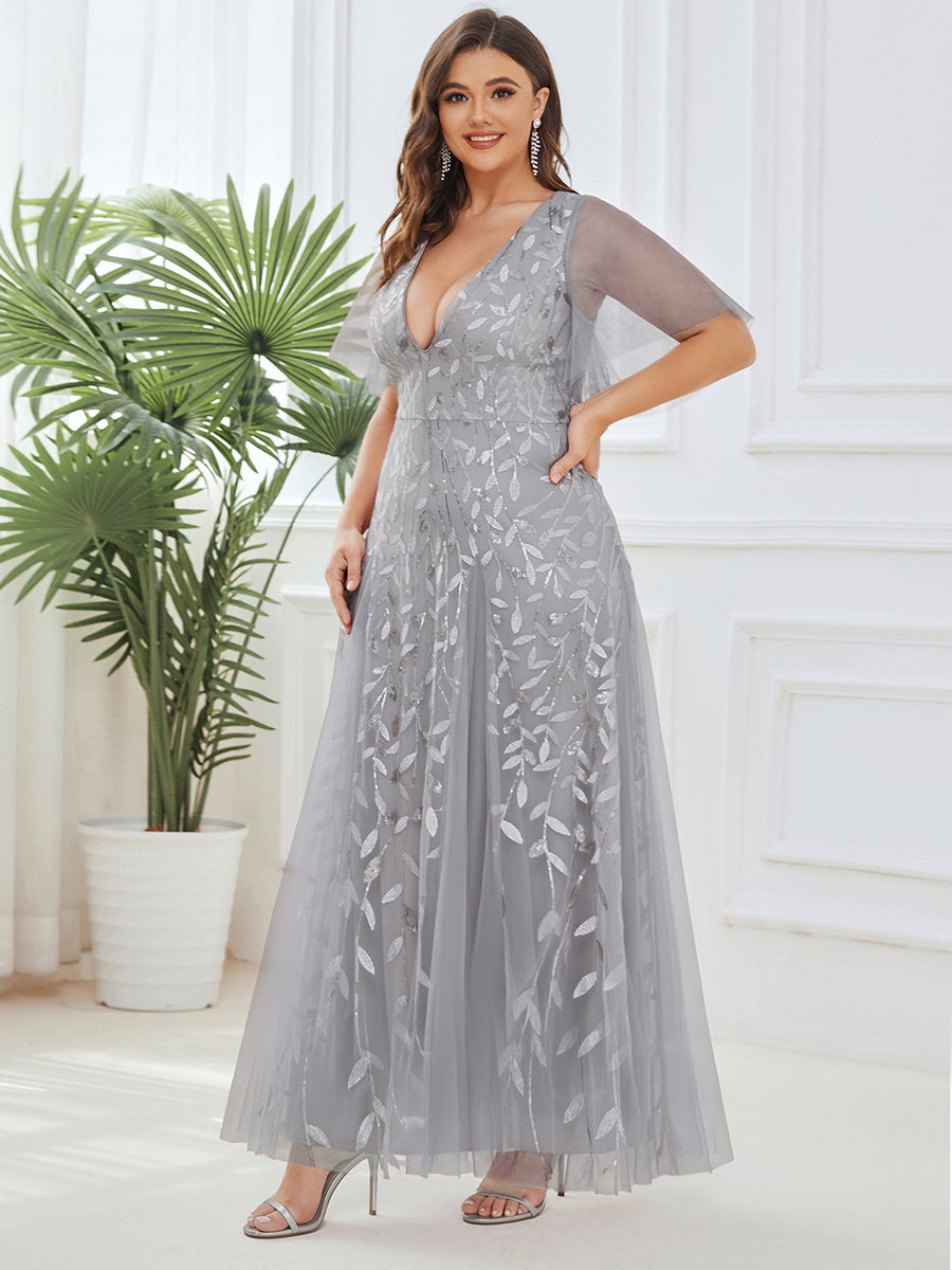 Color=Silver | One Stop Shop Short Sleeve Ruffle Sequin Deep V-Neck A-Line Floor Length Evening Dresses-Silver 109