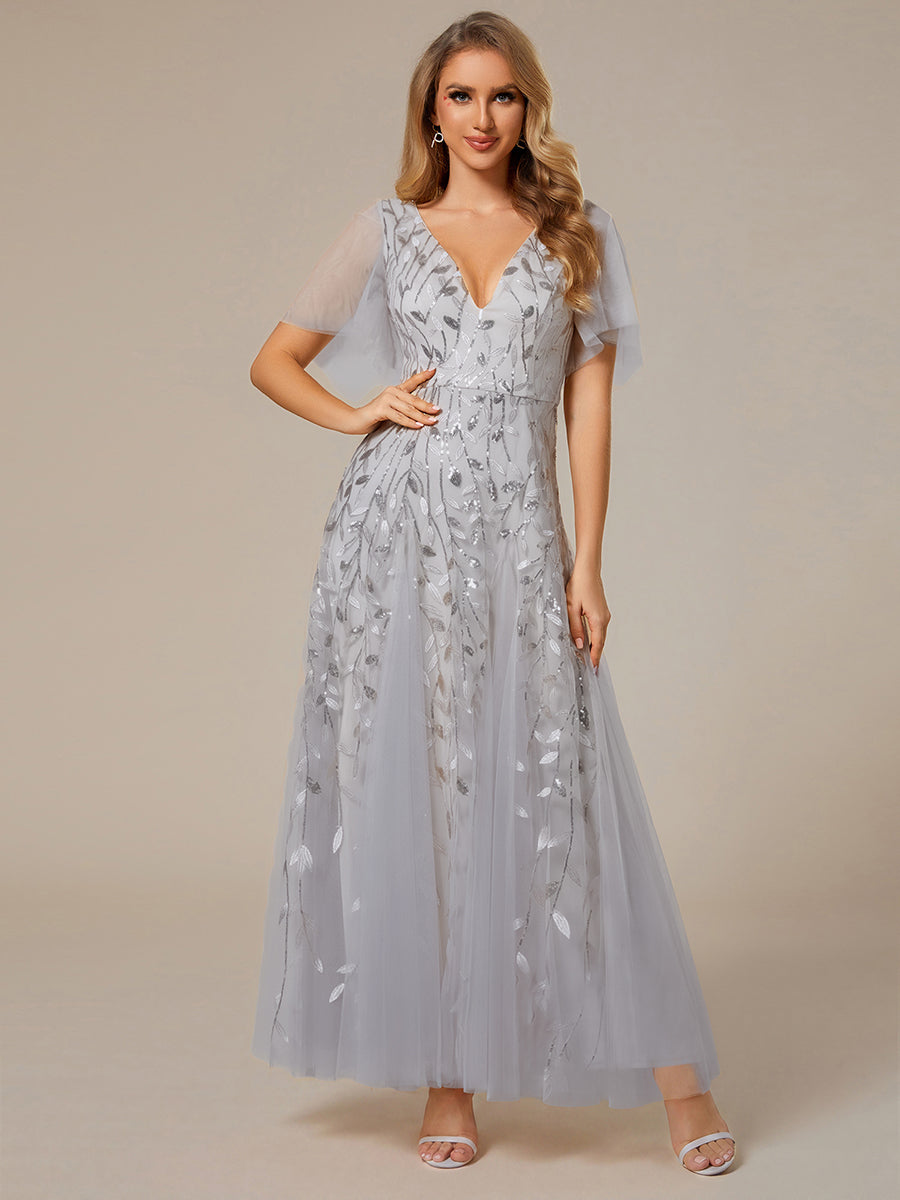 Color=Silver | One Stop Shop Short Sleeve Ruffle Sequin Deep V-Neck A-Line Floor Length Evening Dresses-Silver 101