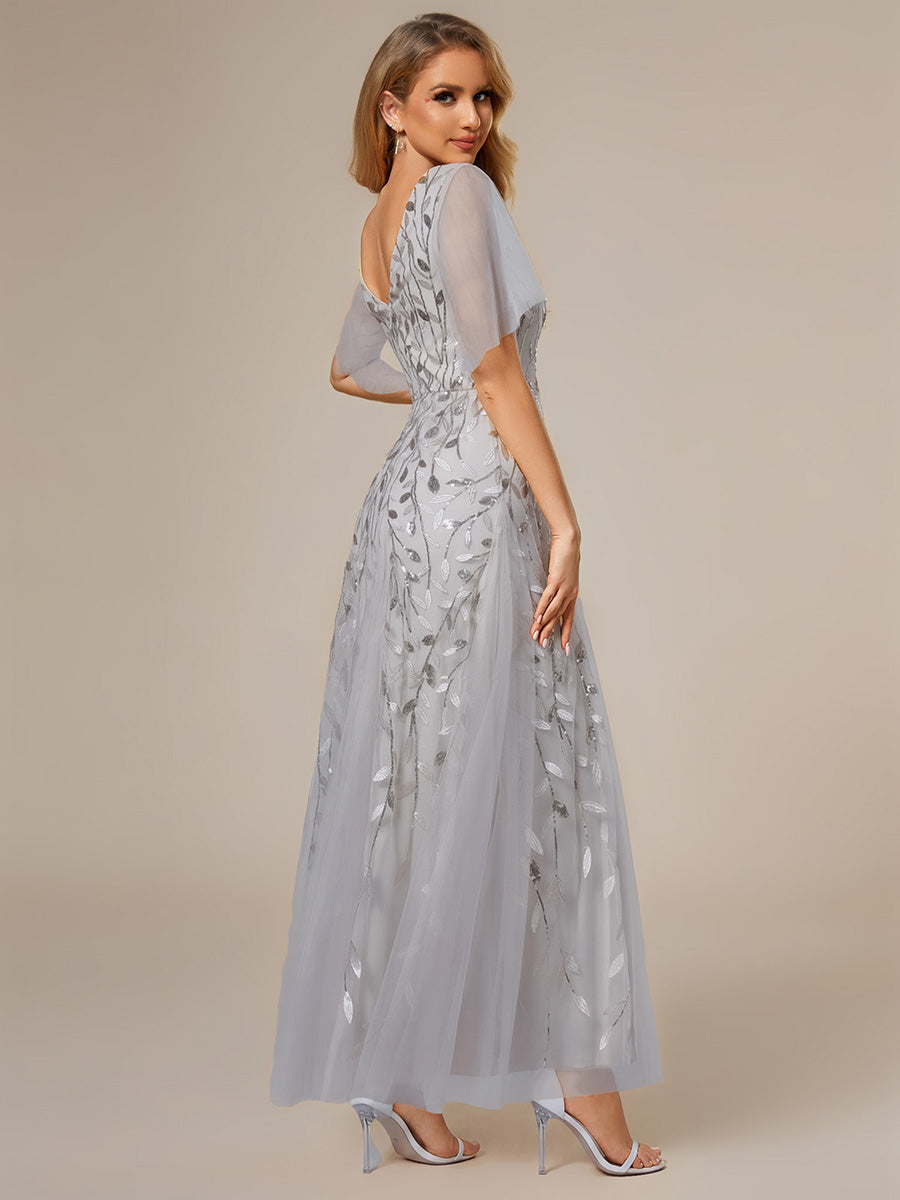 Color=Silver | One Stop Shop Short Sleeve Ruffle Sequin Deep V-Neck A-Line Floor Length Evening Dresses-Silver 102