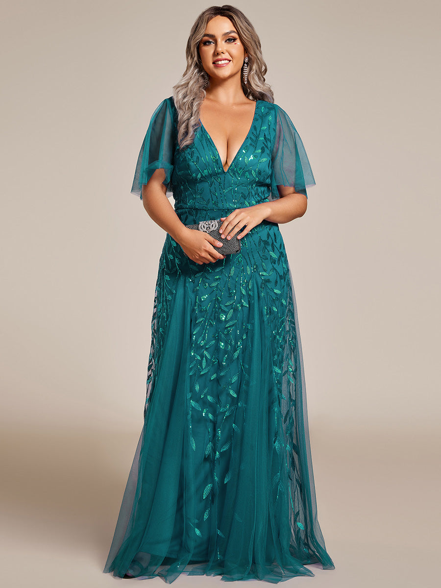 Color=Teal | One Stop Shop Short Sleeve Ruffle Sequin Deep V-Neck A-Line Floor Length Evening Dresses-Teal 120