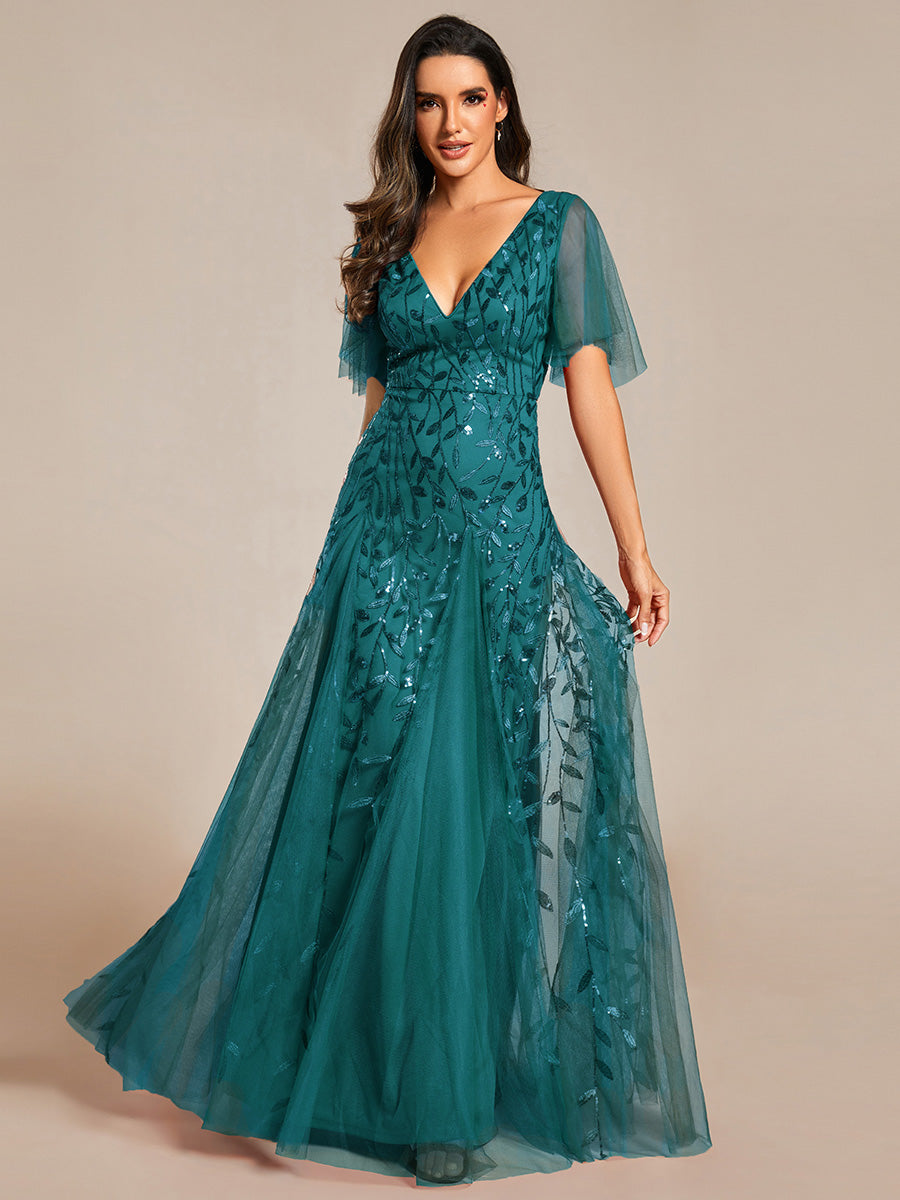 Color=Teal | One Stop Shop Short Sleeve Ruffle Sequin Deep V-Neck A-Line Floor Length Evening Dresses-Teal 114