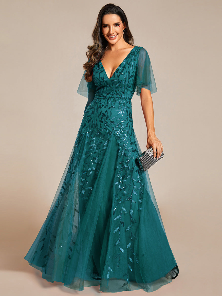 Color=Teal | One Stop Shop Short Sleeve Ruffle Sequin Deep V-Neck A-Line Floor Length Evening Dresses-Teal 115