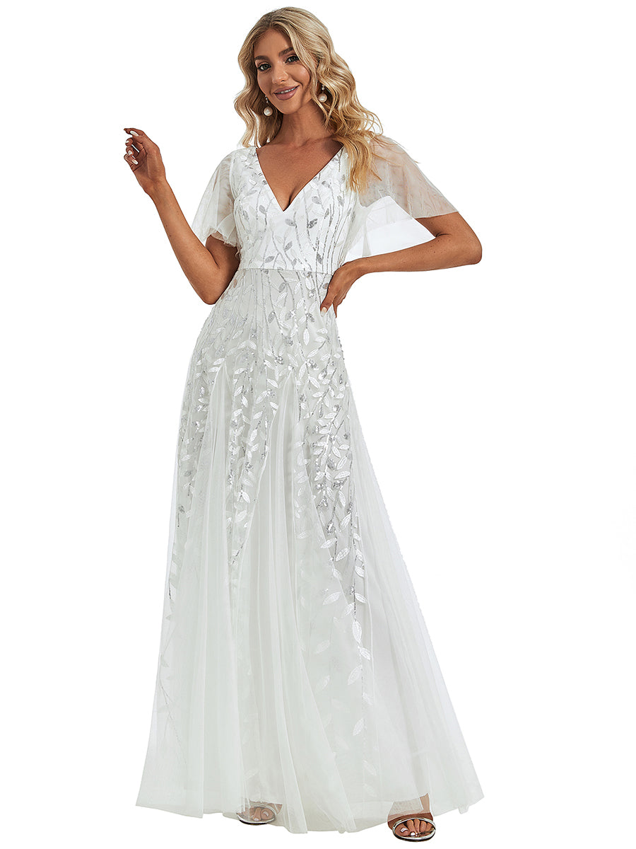 Color=White | One Stop Shop Short Sleeve Ruffle Sequin Deep V-Neck A-Line Floor Length Evening Dresses-White 10