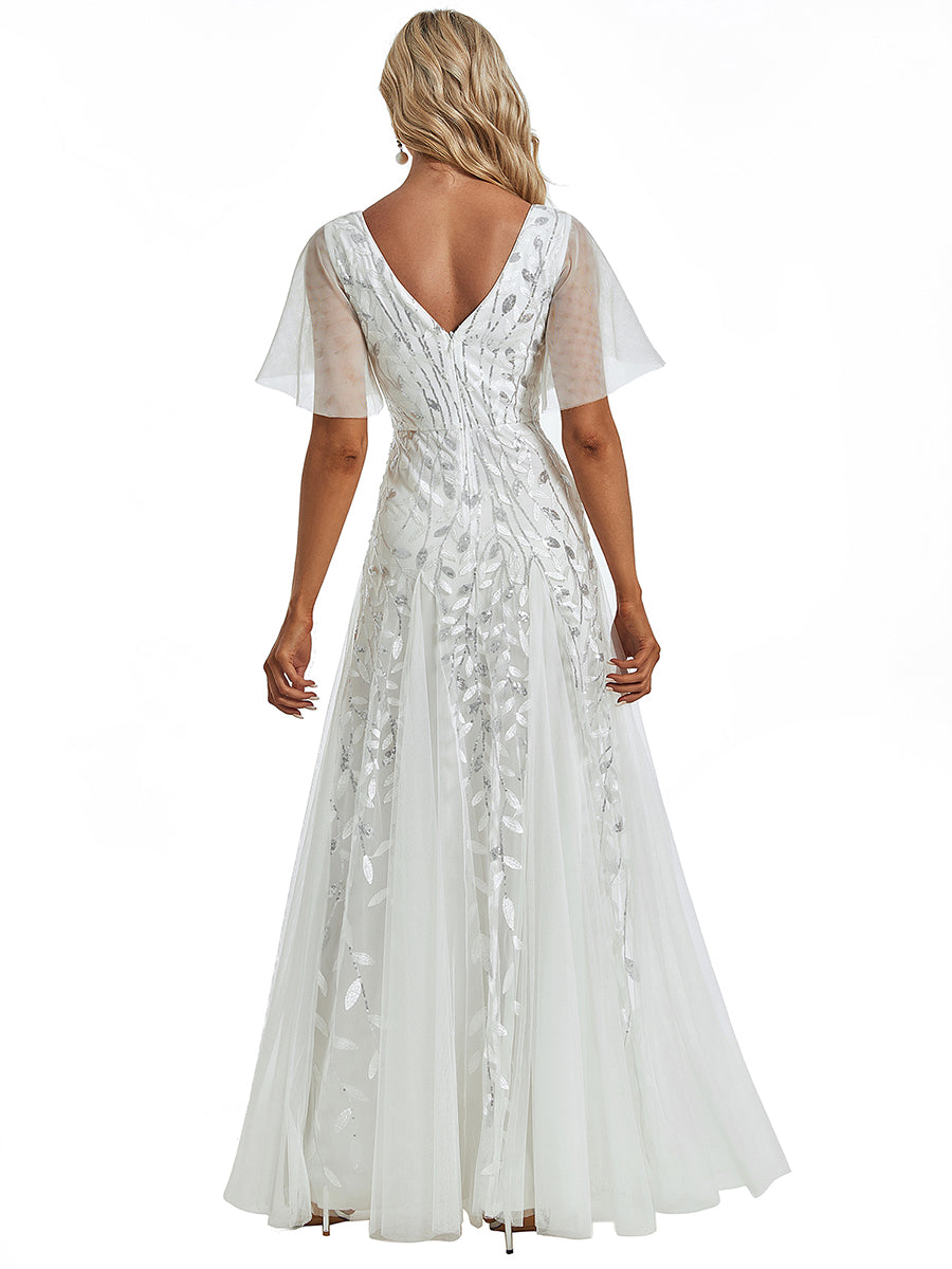 Color=White | One Stop Shop Short Sleeve Ruffle Sequin Deep V-Neck A-Line Floor Length Evening Dresses-White 11