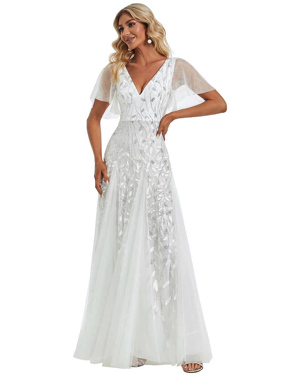 Color=White | One Stop Shop Short Sleeve Ruffle Sequin Deep V-Neck A-Line Floor Length Evening Dresses-White 12