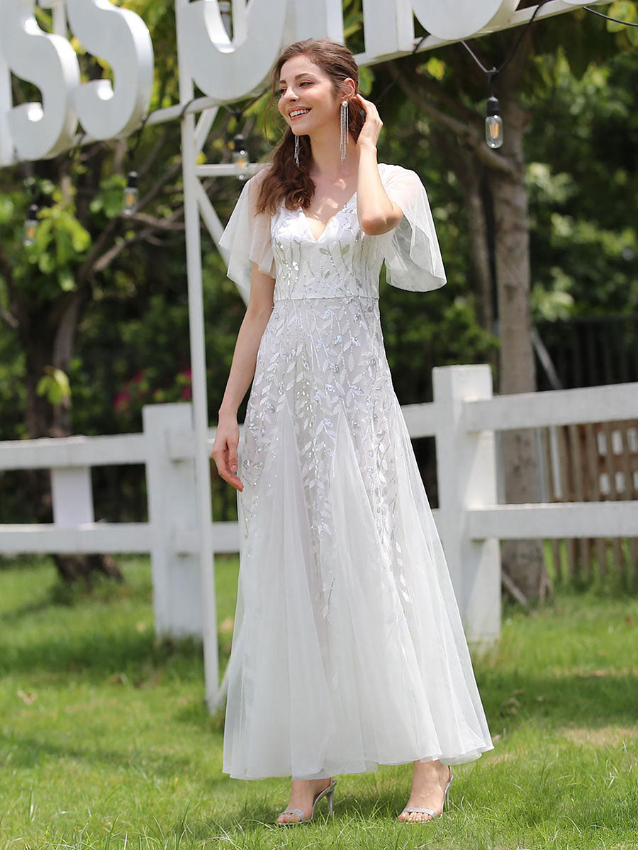 Color=White | One Stop Shop Short Sleeve Ruffle Sequin Deep V-Neck A-Line Floor Length Evening Dresses-White 15