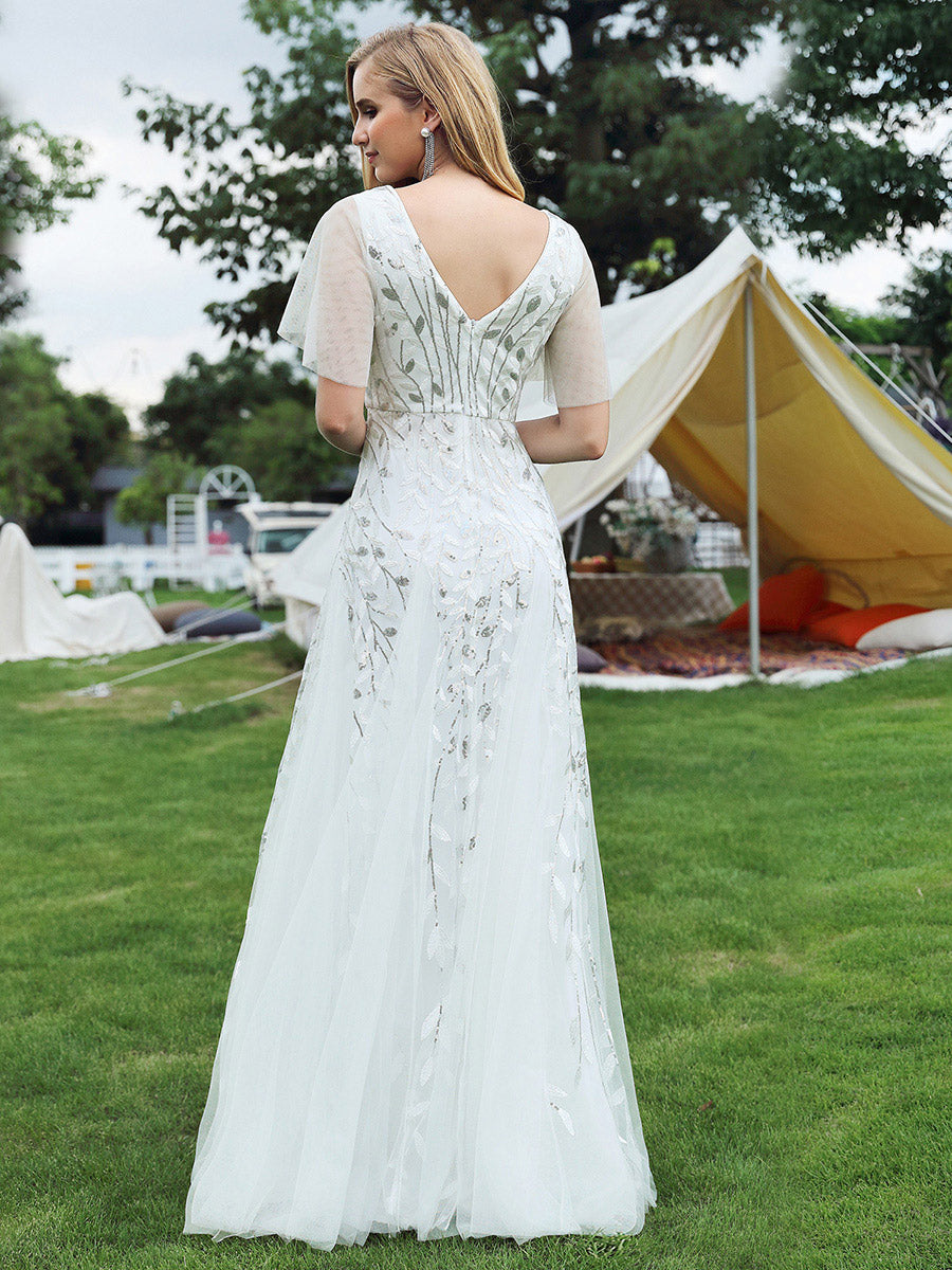 Color=White | One Stop Shop Short Sleeve Ruffle Sequin Deep V-Neck A-Line Floor Length Evening Dresses-White 122