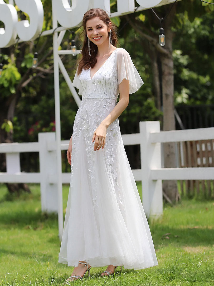 Color=White | One Stop Shop Short Sleeve Ruffle Sequin Deep V-Neck A-Line Floor Length Evening Dresses-White 19