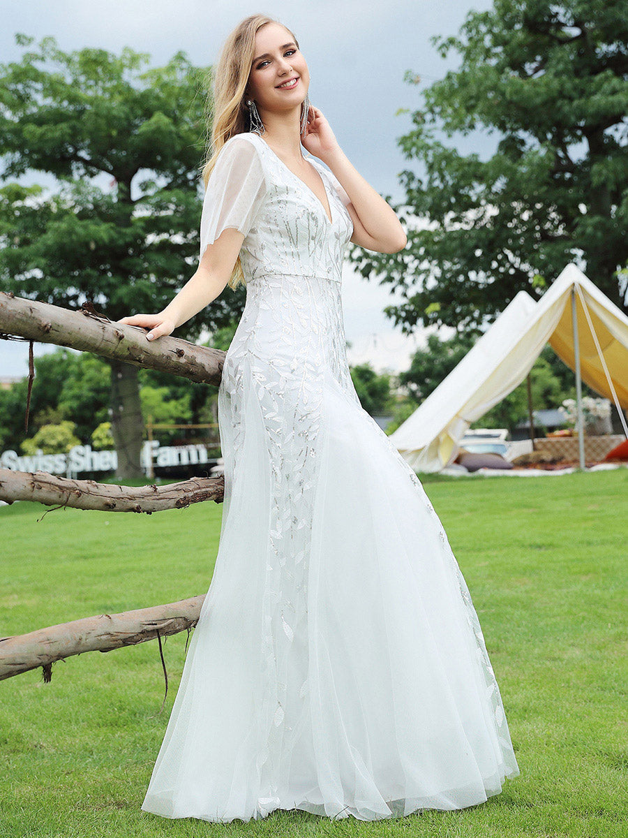 Color=White | One Stop Shop Short Sleeve Ruffle Sequin Deep V-Neck A-Line Floor Length Evening Dresses-White 124
