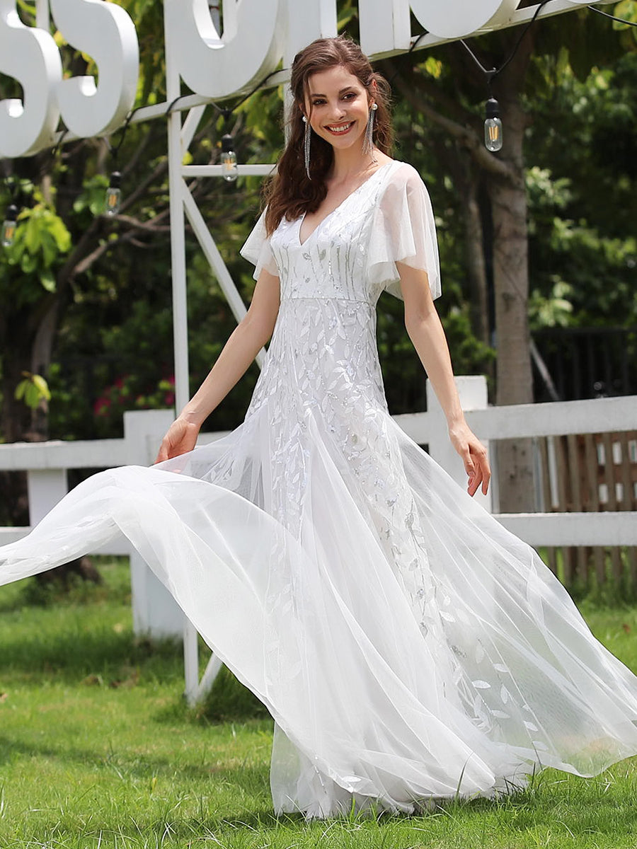Color=White | One Stop Shop Short Sleeve Ruffle Sequin Deep V-Neck A-Line Floor Length Evening Dresses-White 7