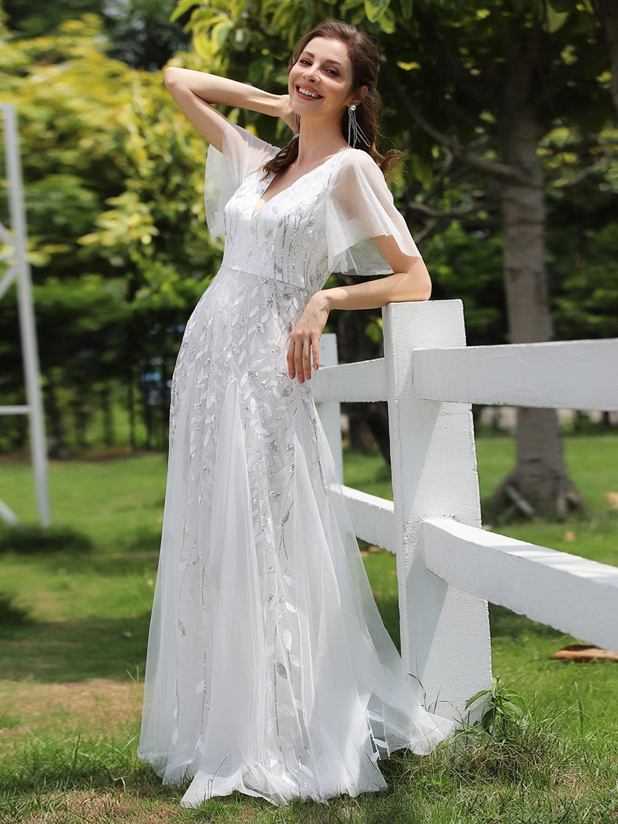 Color=White | One Stop Shop Short Sleeve Ruffle Sequin Deep V-Neck A-Line Floor Length Evening Dresses-White 8