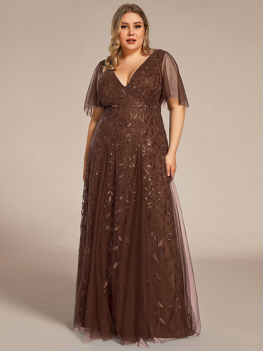 Color=Brown | Wholesale Pricing Short Sleeve Ruffle Sequin Deep V-Neck A-Line Floor Length Evening Dresses-Brown 6