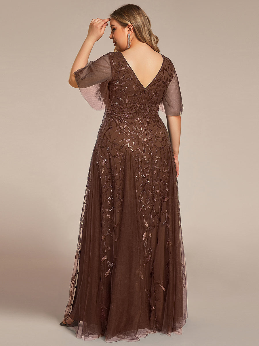 Color=Brown | Wholesale Pricing Short Sleeve Ruffle Sequin Deep V-Neck A-Line Floor Length Evening Dresses-Brown 7