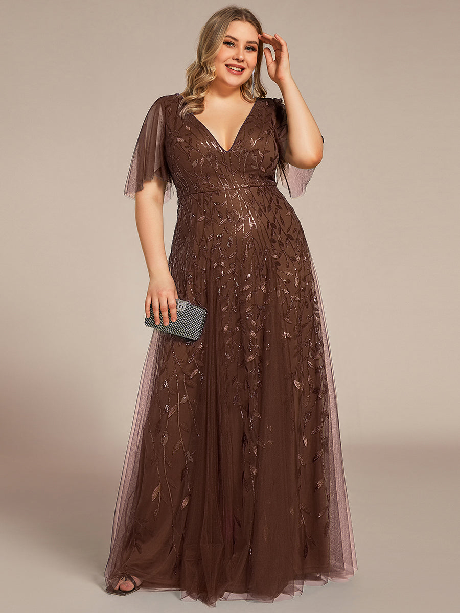 Color=Brown | Wholesale Pricing Short Sleeve Ruffle Sequin Deep V-Neck A-Line Floor Length Evening Dresses-Brown 10