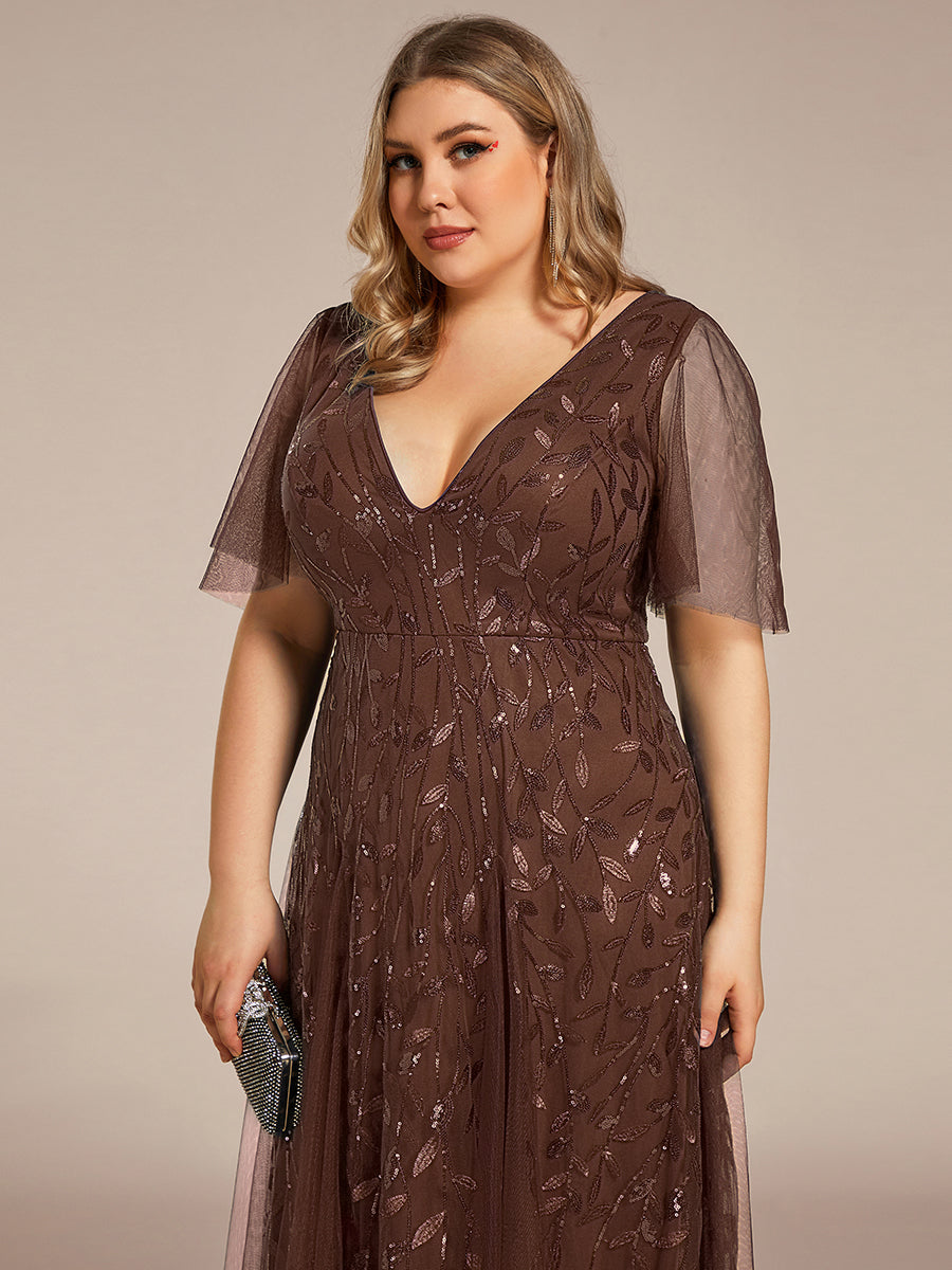 Color=Brown | Wholesale Pricing Short Sleeve Ruffle Sequin Deep V-Neck A-Line Floor Length Evening Dresses-Brown 8