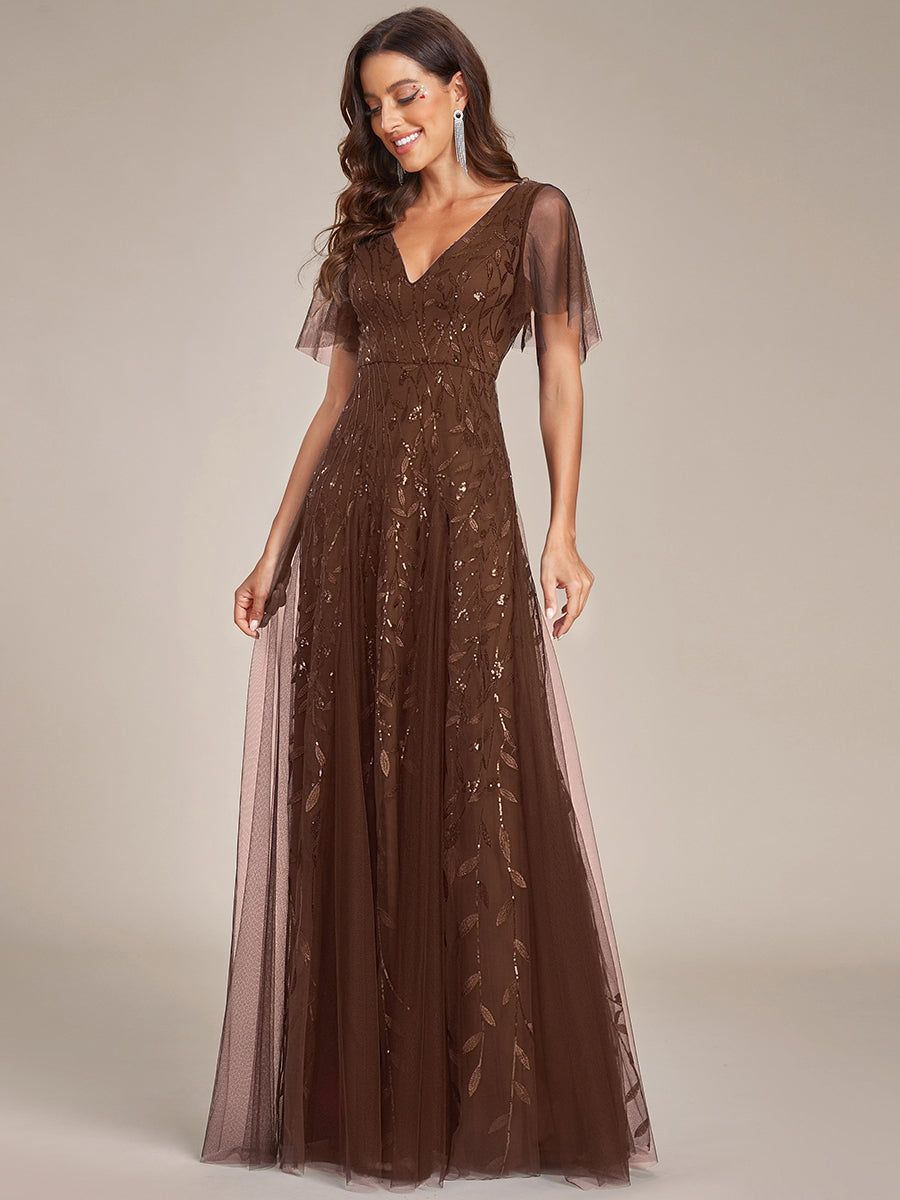 Color=Brown | Wholesale Pricing Short Sleeve Ruffle Sequin Deep V-Neck A-Line Floor Length Evening Dresses-Brown 1