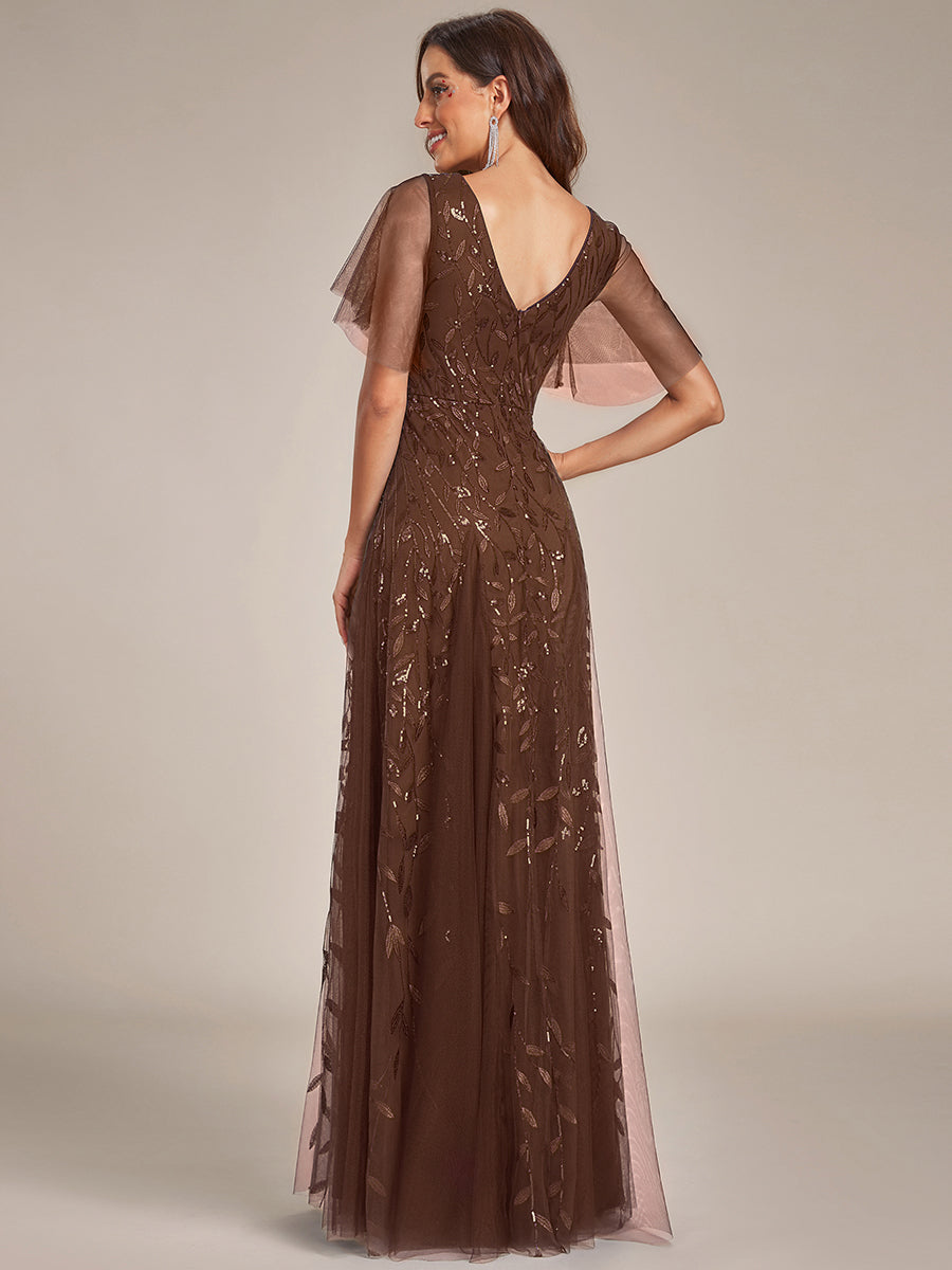 Color=Brown | Wholesale Pricing Short Sleeve Ruffle Sequin Deep V-Neck A-Line Floor Length Evening Dresses-Brown 2