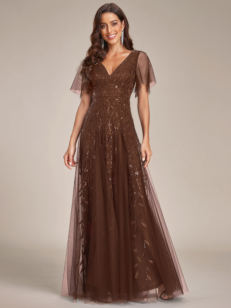 Color=Brown | Wholesale Pricing Short Sleeve Ruffle Sequin Deep V-Neck A-Line Floor Length Evening Dresses-Brown 4